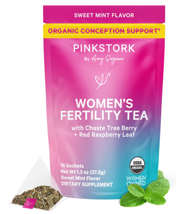 Pink Stork Organic Fertility Tea for Women | Fertility Supplements for Women with Chaste Tree Berry (Vitex) + Red Raspberry Leaf | Hormone Balance Herbal Tea for Conception Support | USDA Organic, Caffeine Free - Sweet Mint, 15 Sachets Pink StorkAu supplements