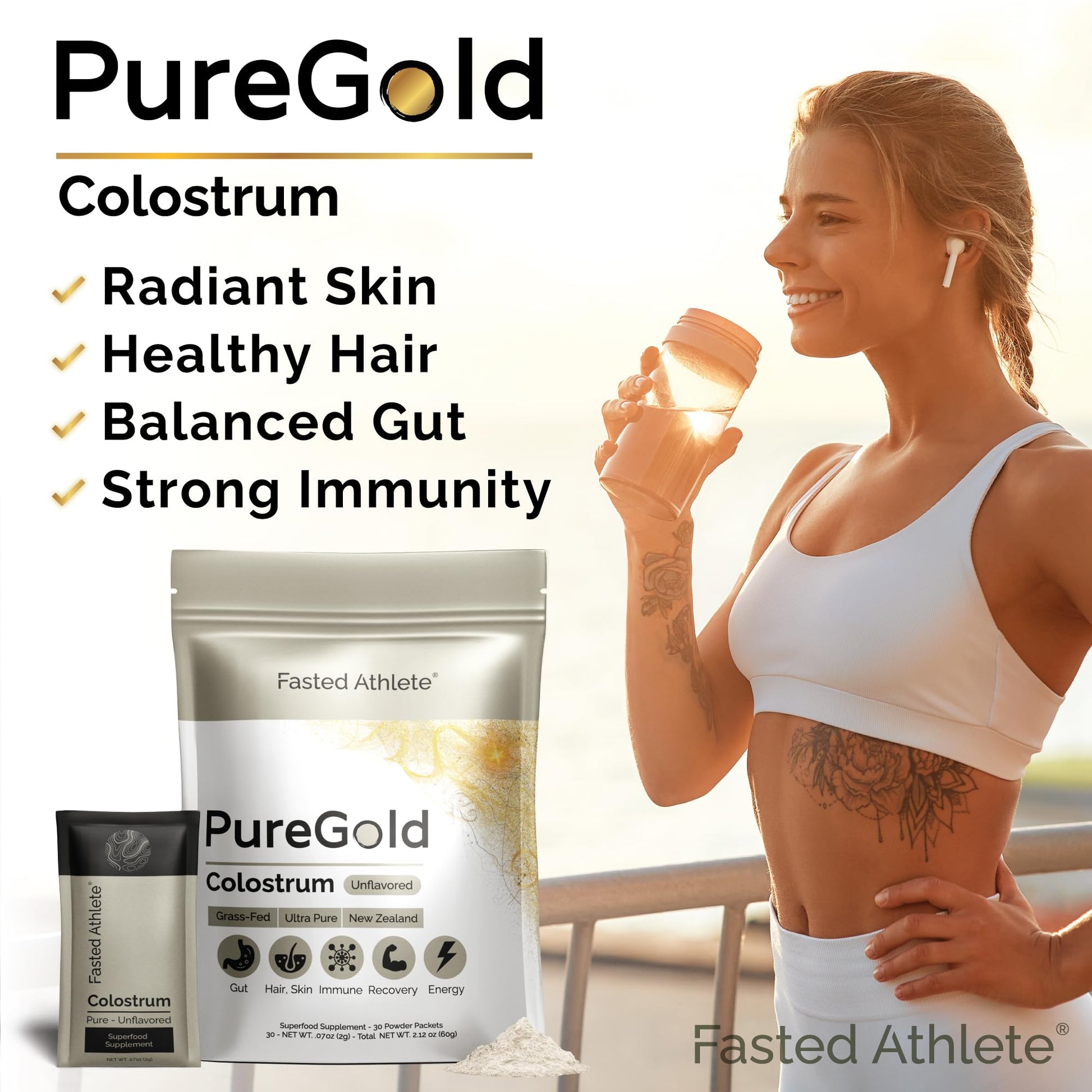 PureGold - Bovine Colostrum Powder - 100% Pure New Zealand Grass Fed, Supports Gut Health, Skin, Hair, & Immunity – Colostrum Supplement, Unflavored, 30 Travel Packets Fasted AthleteAu supplements