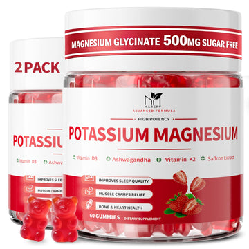 2 Pack Potassium Magnesium Gummies, Sugar Free Potassium Supplement Magnesium Glycinate 500mg, Ashwagandha, Vitamins D3, C, B6, Calcium & Zinc for Sleep, Leg Cramps & Muscle Relaxation-120 Count MABEFYAu supplements