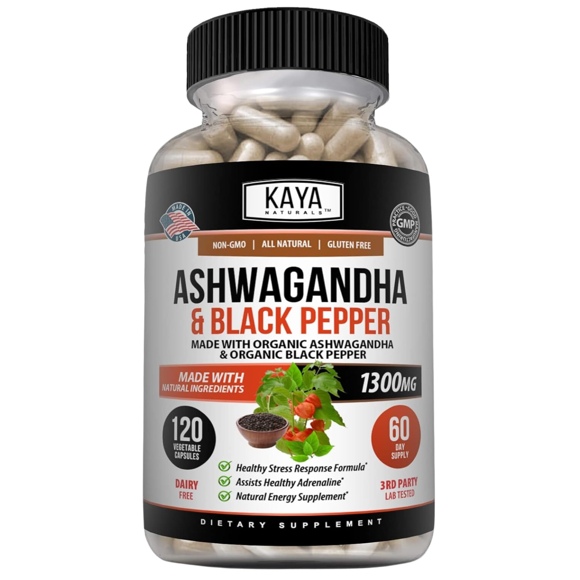Kaya Naturals Ashwagandha 1300mg, 120 Count Capsules for Stress Relief, Adrenal, Mood & Thyroid Support, Black Pepper and 100% Pure Ashwagandha -120 Capsules Kaya NaturalsAu supplements