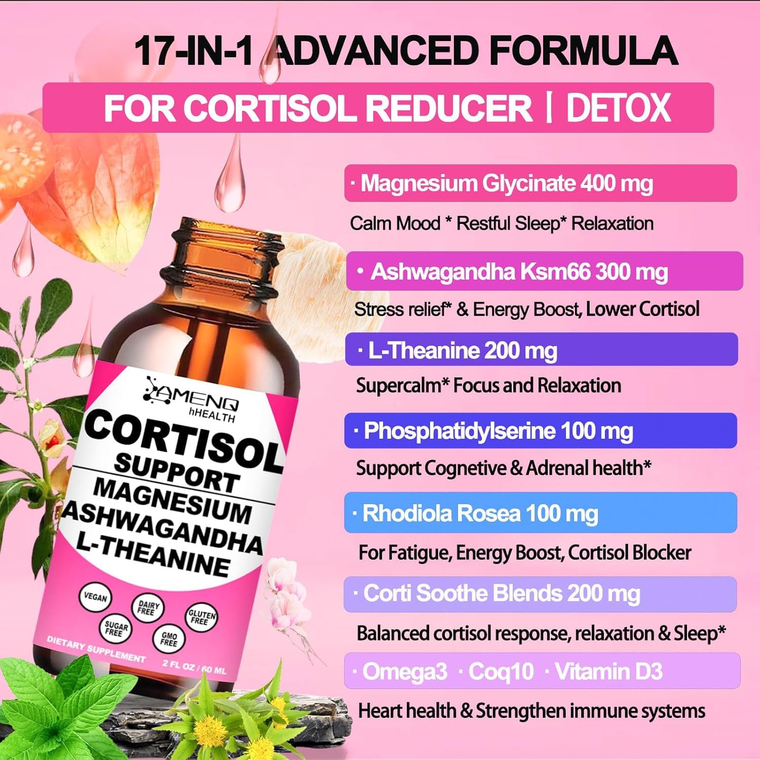 Cortisol Supplement Liquid Drops, 17-in-1 Cortisol Reducer w. Ksm-66 Ashwagandha Theanine Rhodiola Rosea Magnesium Phosphatidylserine, Hormone Balanced & Lower Cortisol for Women Calm* Relaxation AMENQ hHEALTHAu supplements