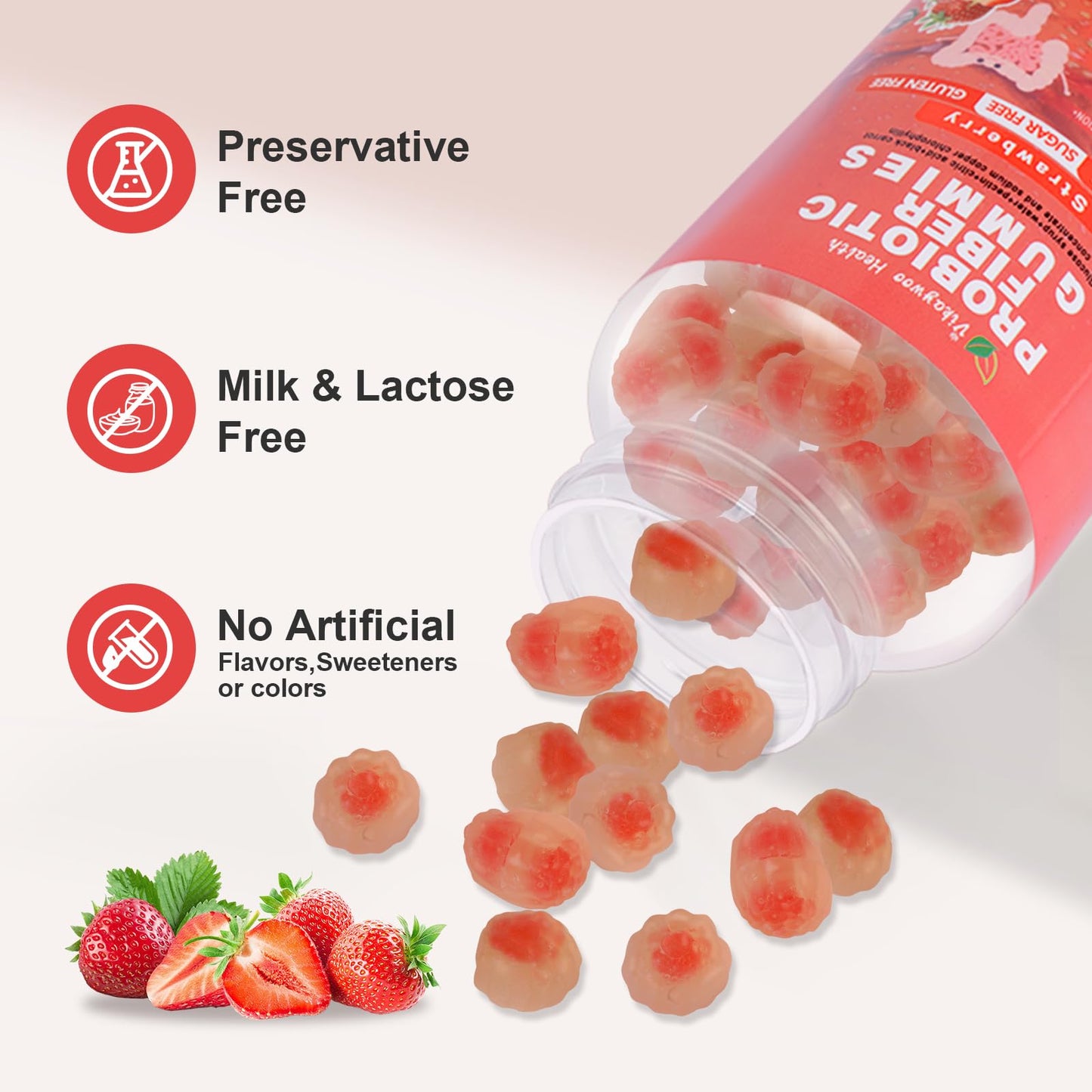 Vikaywoo Probiotic Fiber Gummies for Adults, No Sugar Added Strawberry Flavor– 2 Billion CFUs –Vitamin C,Vitamin D–Digestive Health & Regularity Support(120 Count) VikaywooUS supplements
