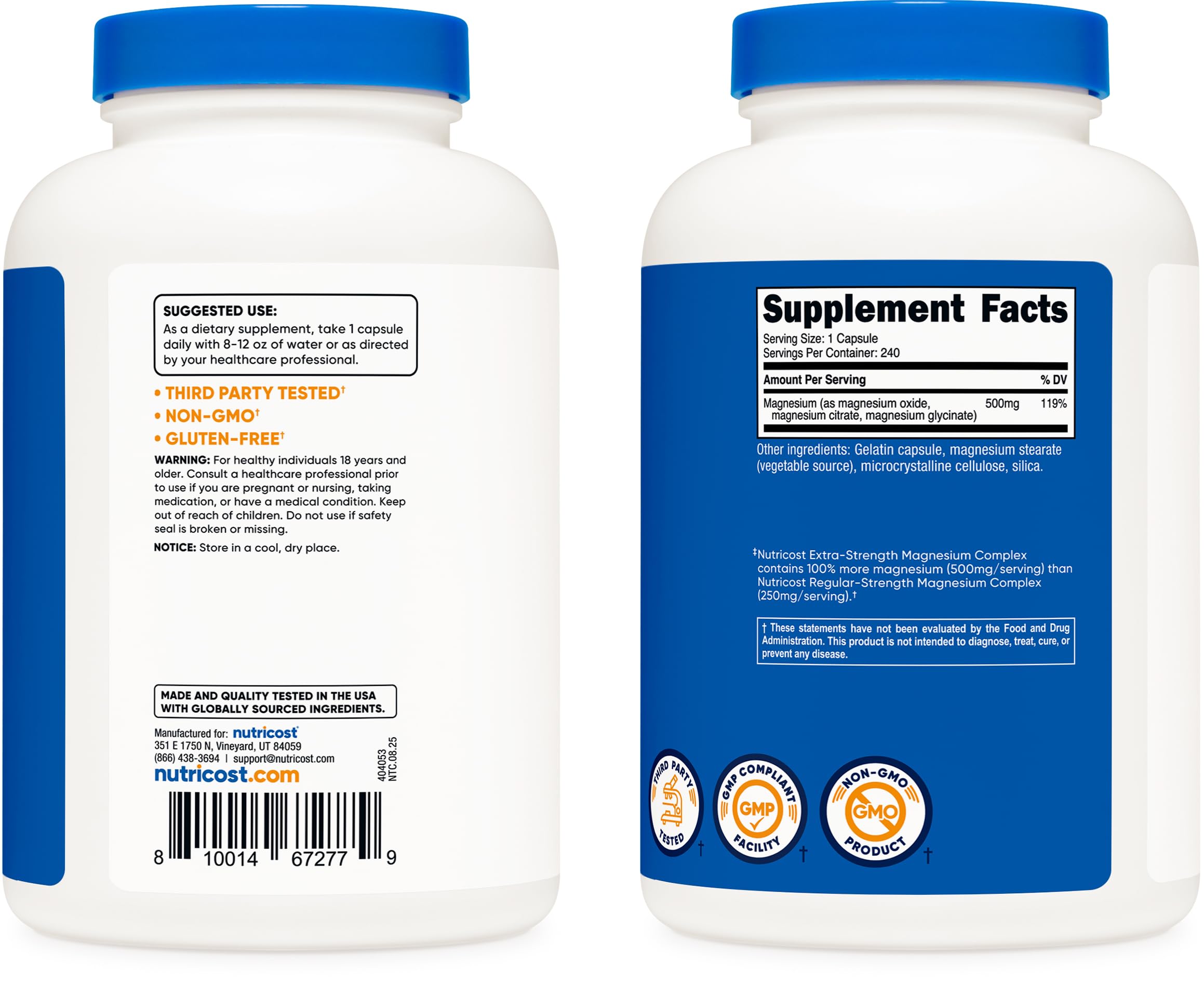 Nutricost Magnesium Complex 500mg, 240 Capsules - Magnesium Oxide, Citrate, and Glycinate - Gluten Free and Non-GMO NutricostAu supplements