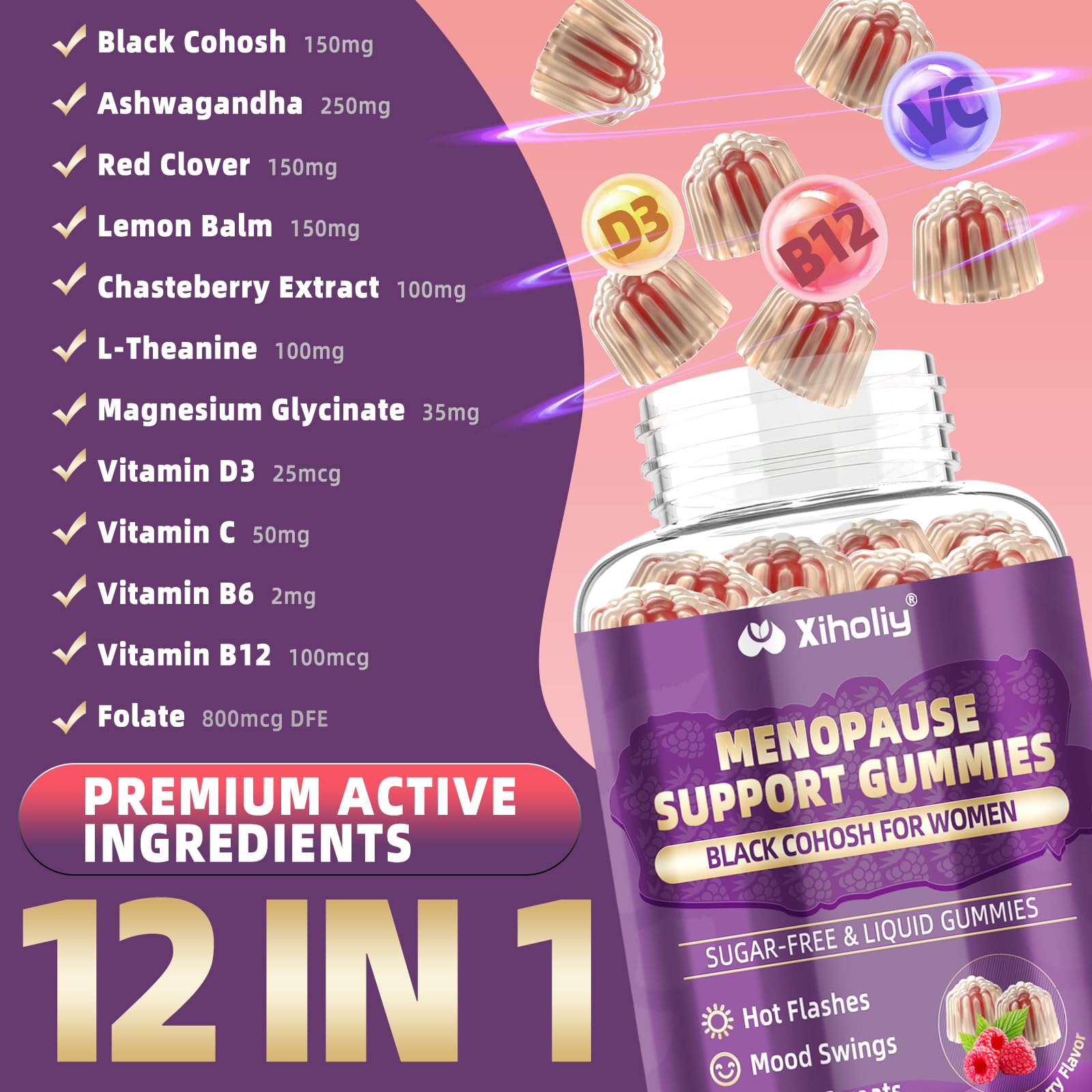Menopause Supplements for Women with Black Cohosh, Menopause Relief Sugar Free Gummies for Hot Flashes, Natural Female Hormone Balance & Ashwagandha, Magnesium for Night Sweats, Mood Swings, 60 Count XIHOLIYAu supplements