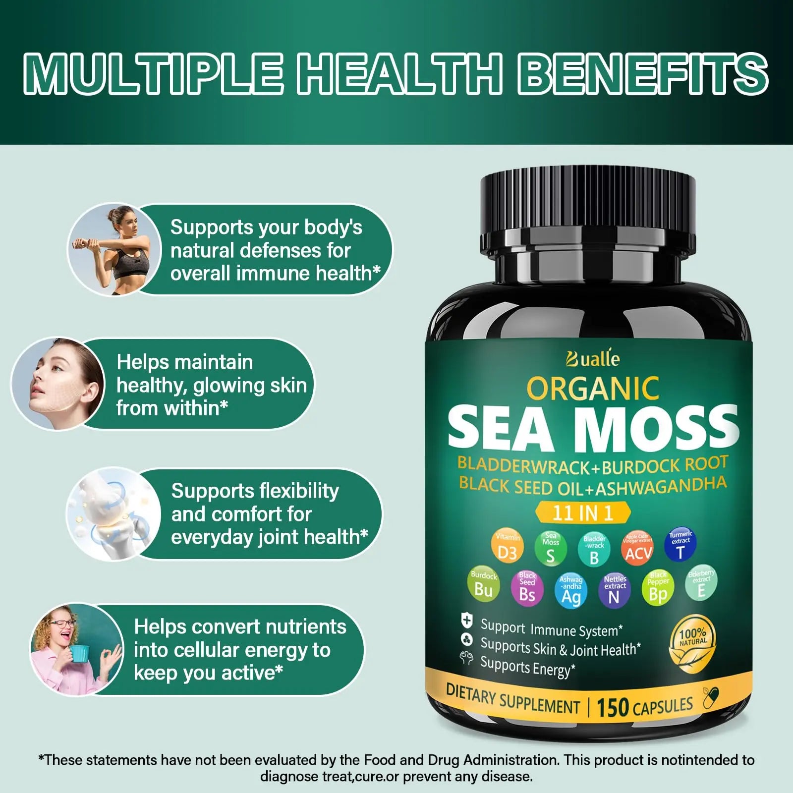 Bualle Irish Sea Moss Capsules – Organic Sea Moss, Black Seed Oil, Ashwagandha Supplements with Bladderwrack, Ginger & Burdock Root – Supports Daily Wellness, Skin & Energy – 150 Count (1 Pack) Buallenz supplements