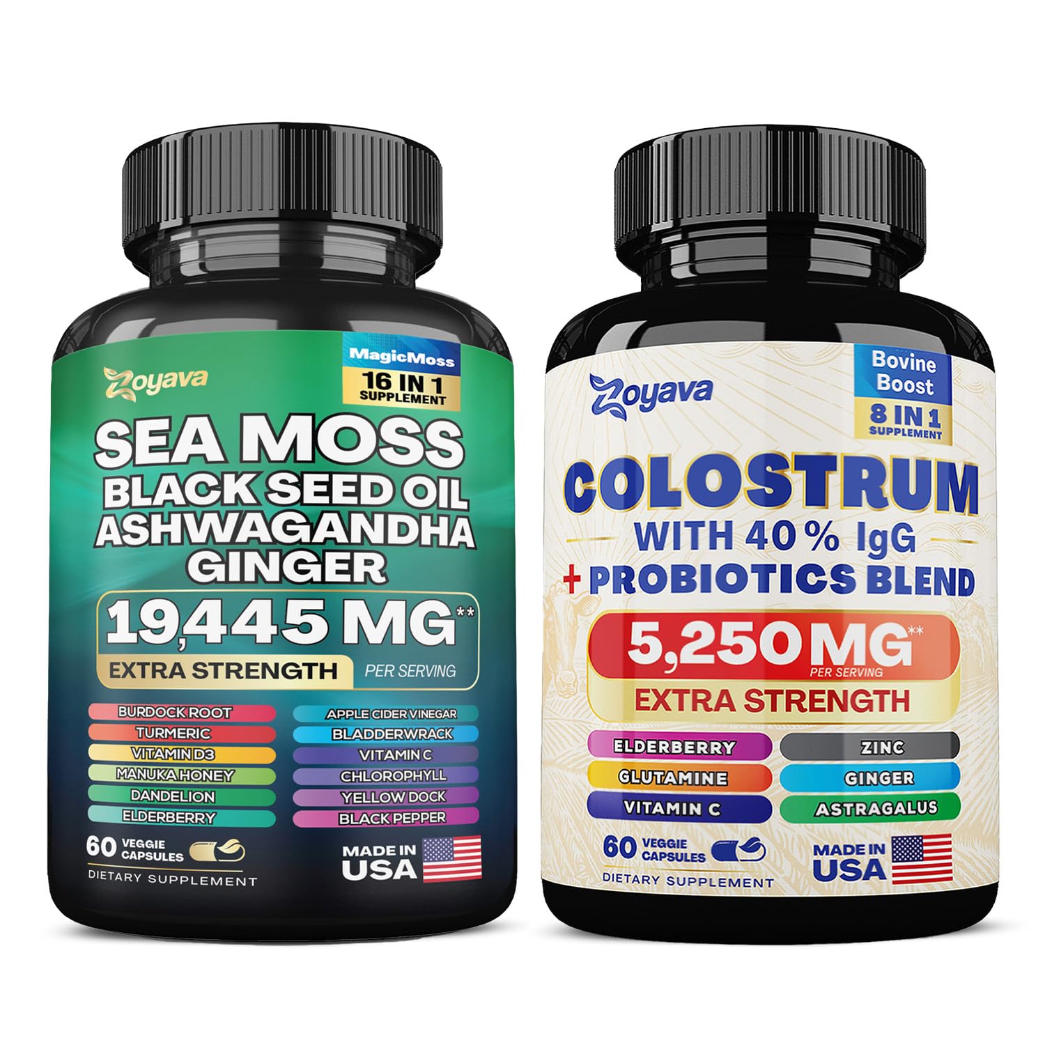 Zoyava Sea Moss 16-in-1 Blend 19,445 MG (60 Caps) and Colostrum 8-in-1 5,250 MG ZoyavaUS supplements