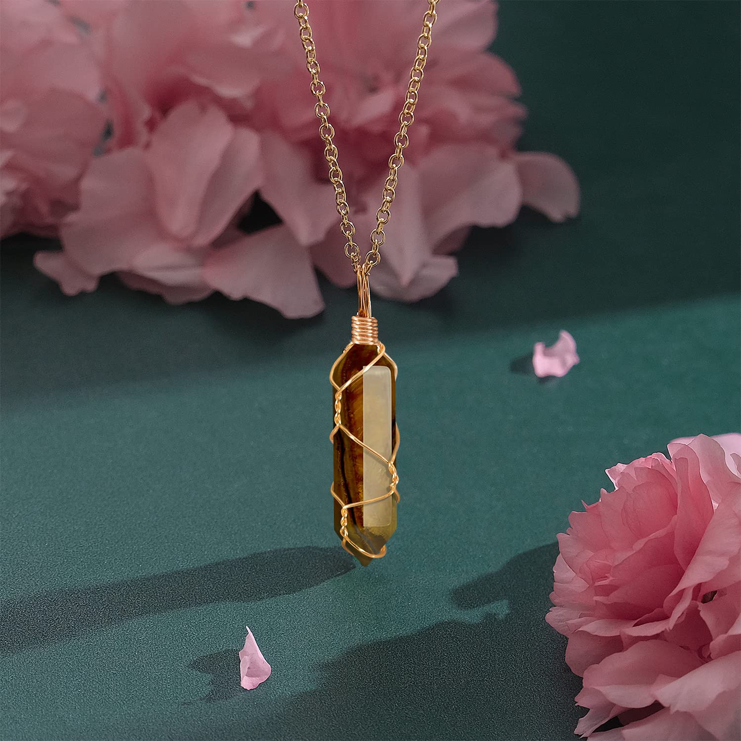 VIBILIA Healing Crystal Necklace Wire Wrapped Natural Tigerite Stone Point Pendant Necklace Hexagonal VIBILIAAu supplements