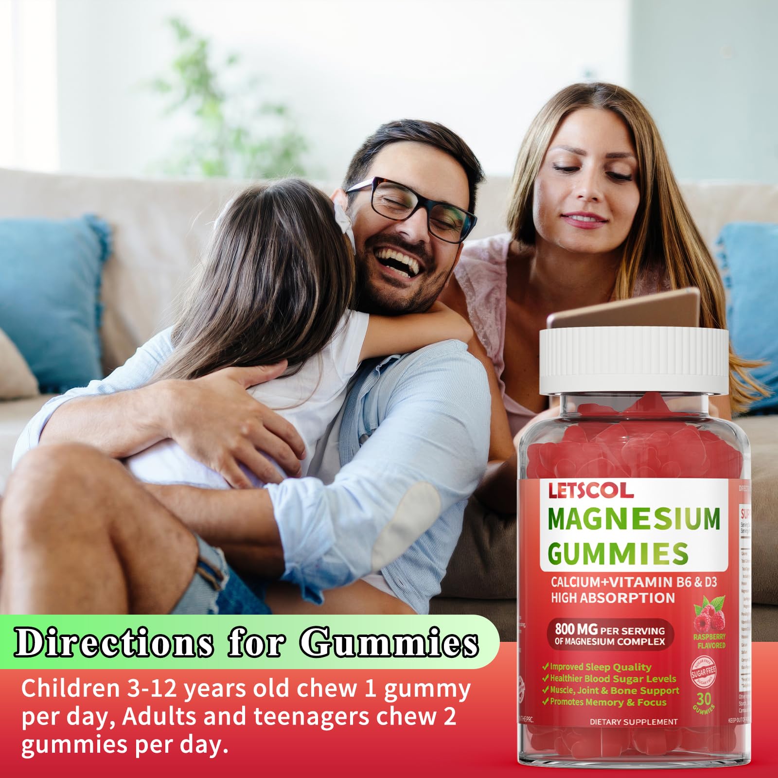 LETSCOL Magnesium Glycinate Gummies 800mg Per Serving, Sugar Free Magnesium Supplement with Magnesium Malate, Calcium, Vitamin D3, B6, CoQ10 for Calm Support & Zzz for Adults Kids LETSCOLAu supplements