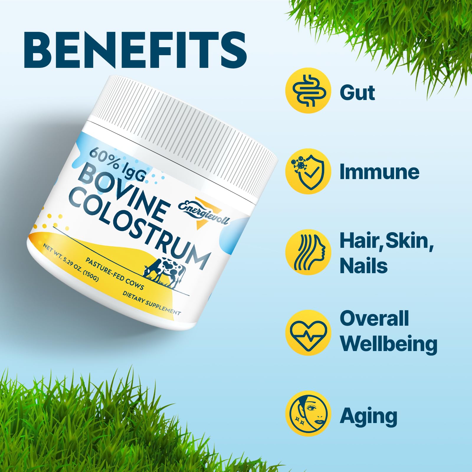 Energievoll Bovine Colostrum Supplement Powder - 60% IgG 3000 mg for Gut, Hair Growth, Beauty, and Immune, Easy to Mix, Unflavored (50 Servings) EnergievollAu supplements