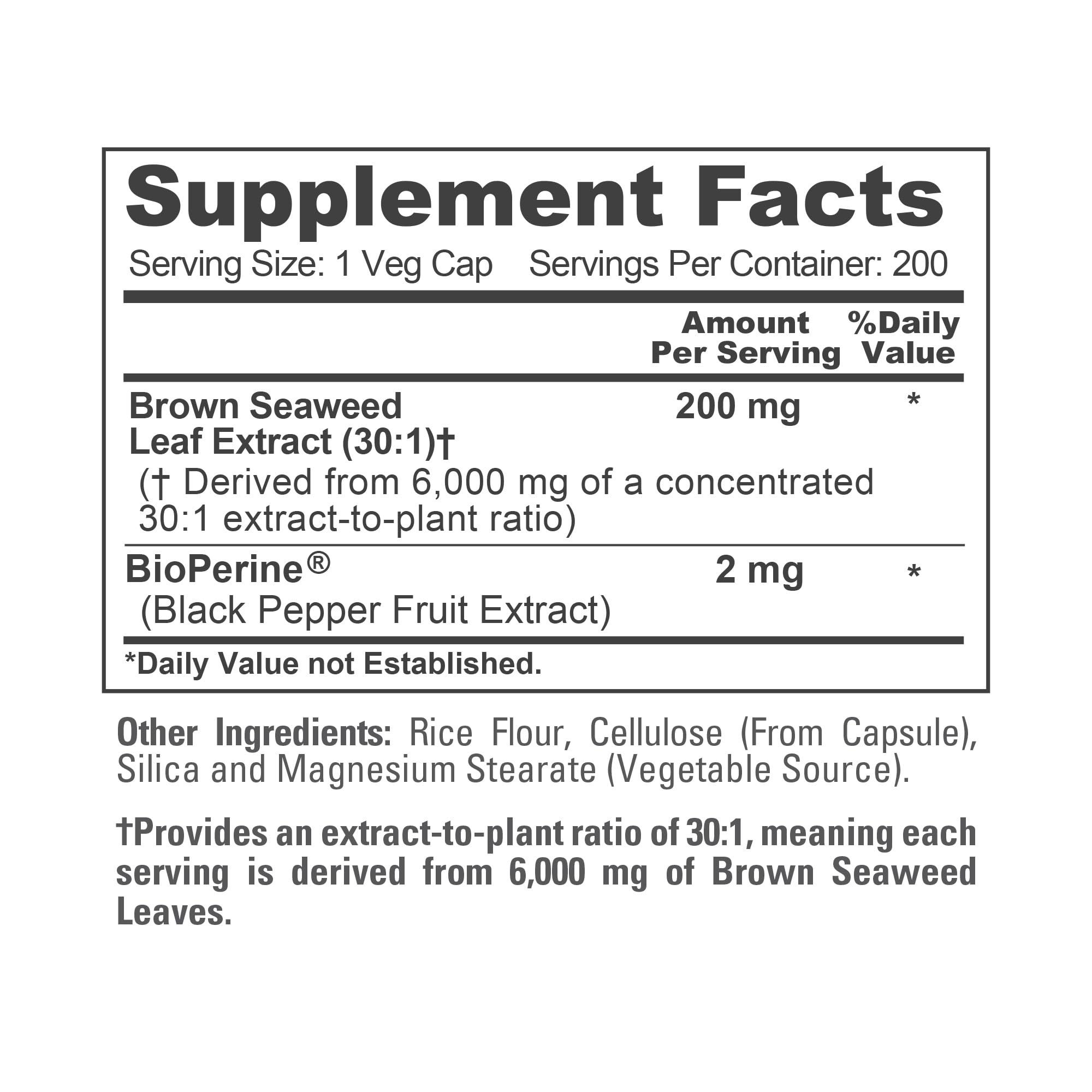 NusaPure Brown Seaweed 30:1 Extract, 200 mg Equivalent to 6,000 mg 200 Veggie Capsules - (Vegan, Non-GMO Bioperine) NusaPureAu supplements