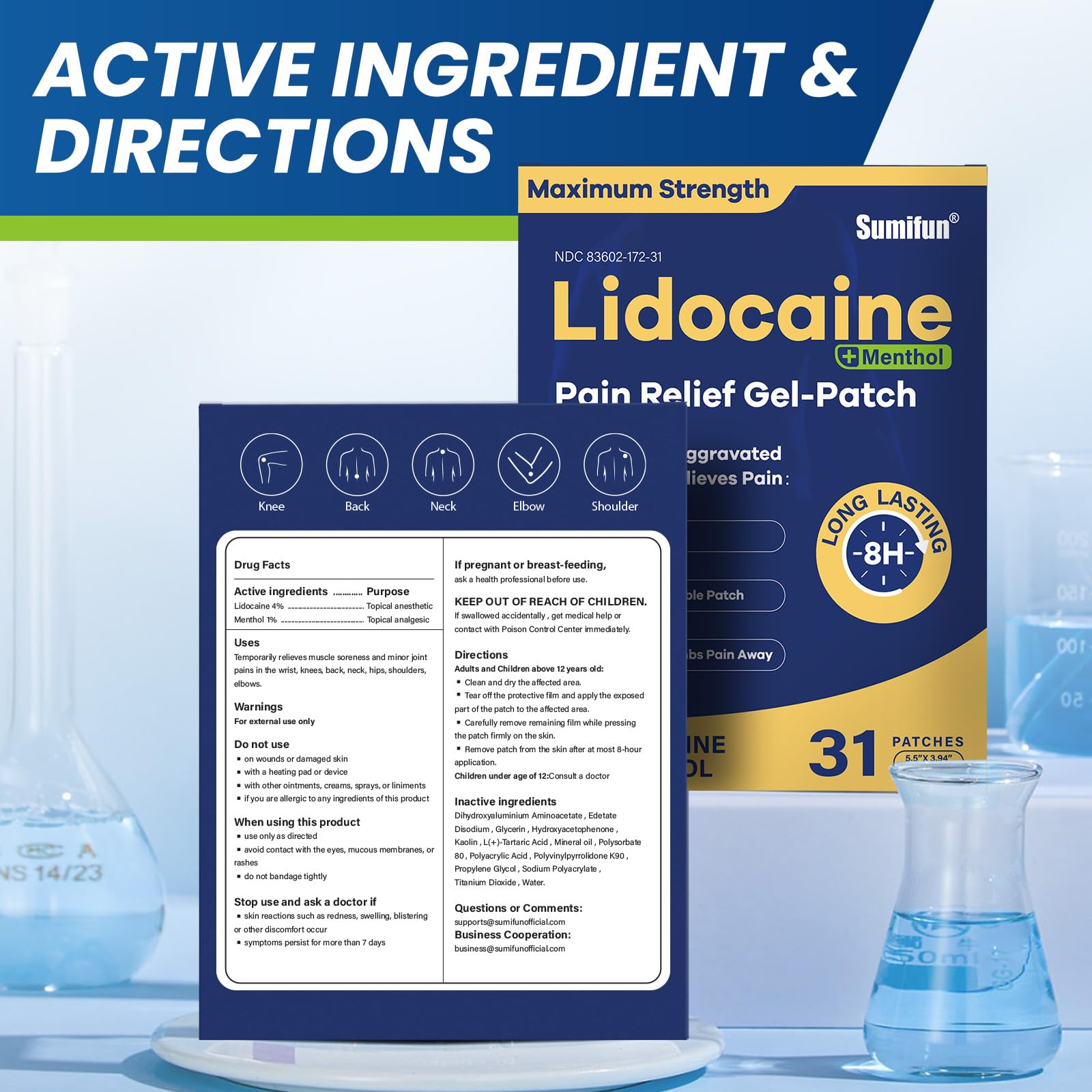 Sumifun Lidocaine Pain Relief Patches - Fast, Targeted Therapy Simple Backache, Soreness, Sprain, Joint Pain with Maximum Strength 4% Lidocaine and 1% Menthol (Large, Count, 31) NDC 83602-172-31 SumifunAu supplements