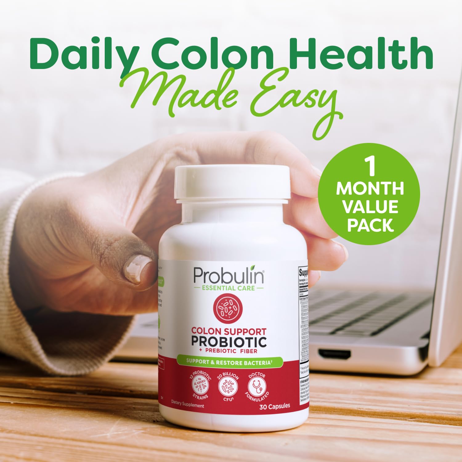 Probulin Colon Support Probiotic Supplement, Daily Gut, Digestive, and Immune Health Probiotics Capsules for Men and Women, 20 Billion CFU, Vegan, 30 Count Bottle ProbulinAu supplements