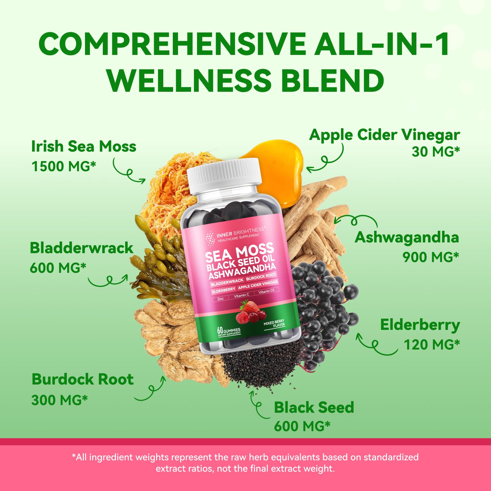 Inner Brightness Sea Moss 4000mg Gummies with Ashwagandha, Elderberry, Apple Cider Vinegar, Bladderwrack, Burdock Root – Immune Support – Mixed Berry Flavor – 60 Count Inner BrightnessAu supplements
