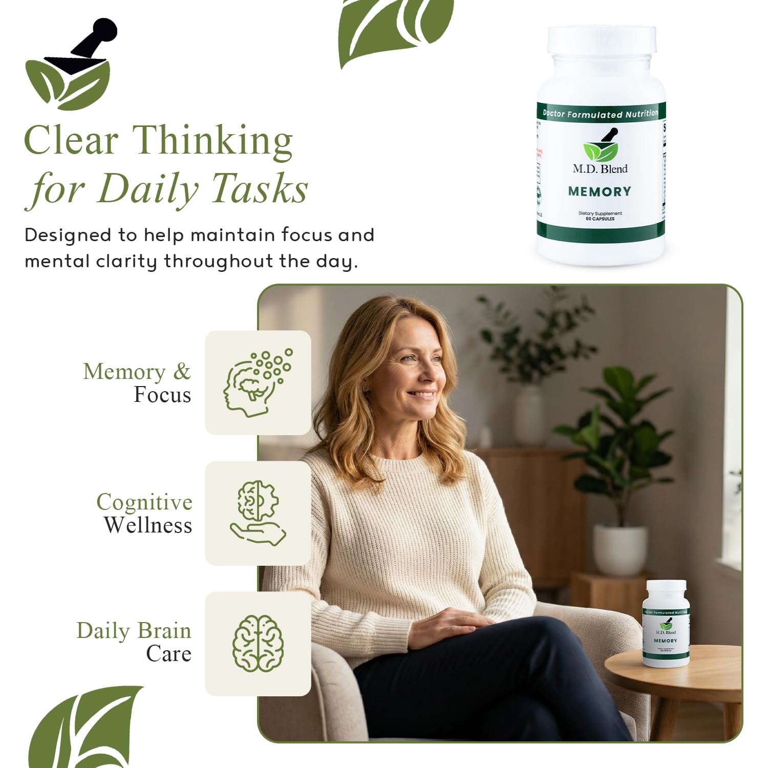 M.D. Blend Brain Support for Memory and Focus - Brain Supplement for Memory & Neural Function - Premium L-Tyrosine, Phosphatidylserine, Bacopa Monnieri Focus Supplement, 30 Capsules (Pack of 1) M.D. BlendAu supplements