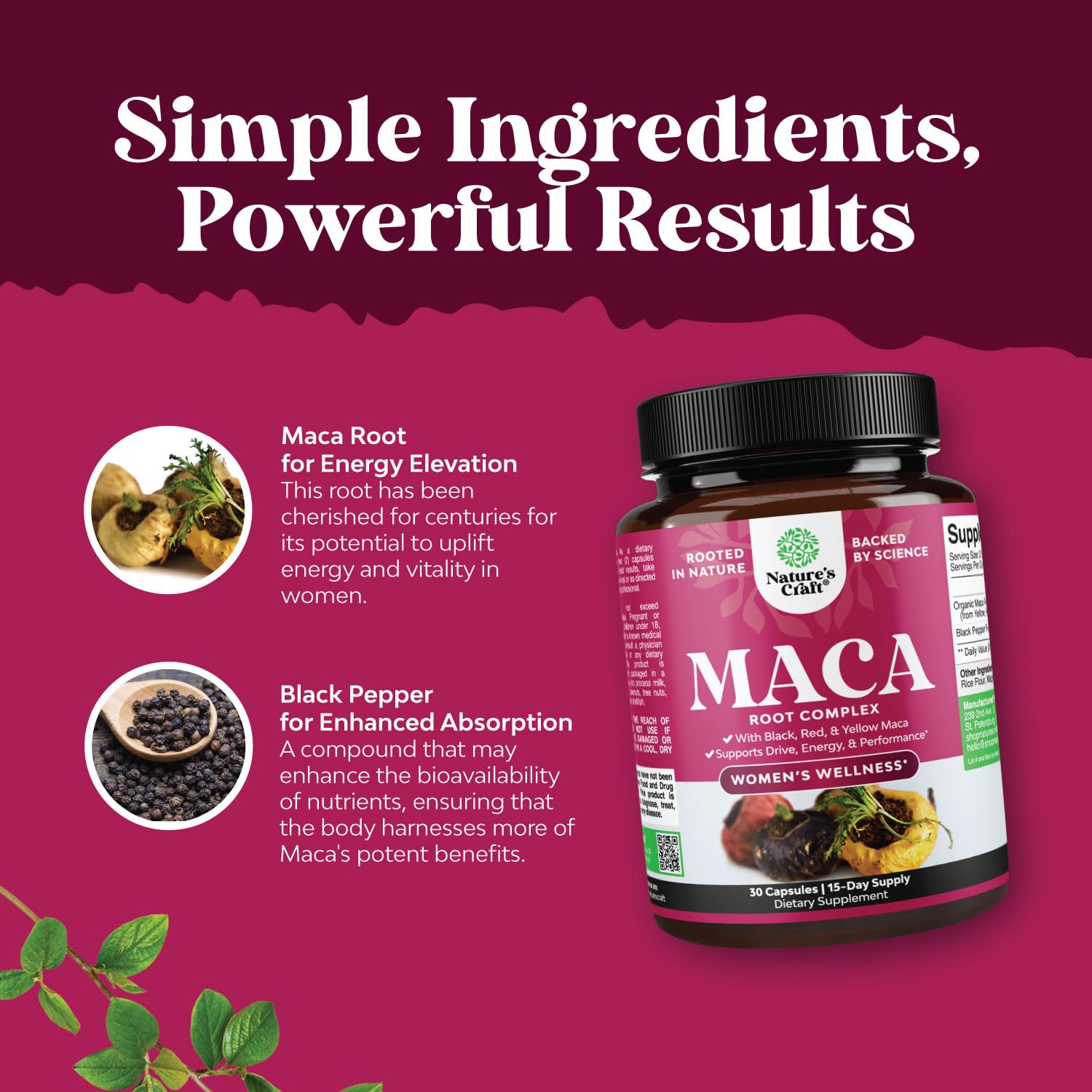 Maca Root Capsules for Women - Potent Herbal Supplement with Female Enhancing Blend of Red Yellow & Black Maca Root - Non-GMO Certified Vegan and Gluten-Free with No Artificial Colors - 30 Count Natures CraftAu supplements