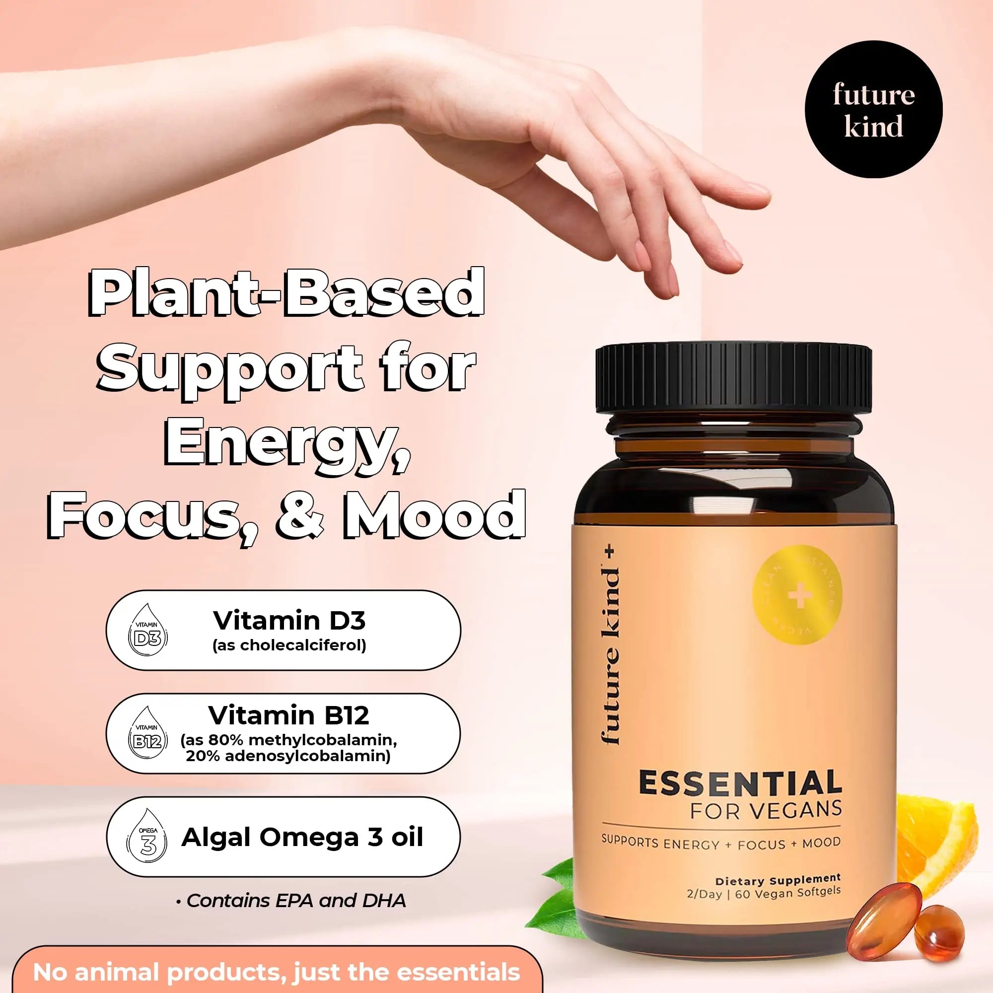 Future Kind Vegan Multivitamins - Glass Bottle & Made for Vegans with Omega 3 DHA, EPA, Vitamin B12 & D3 for Energy, Focus, & Mood (60 Softgels) Future KindAu supplements