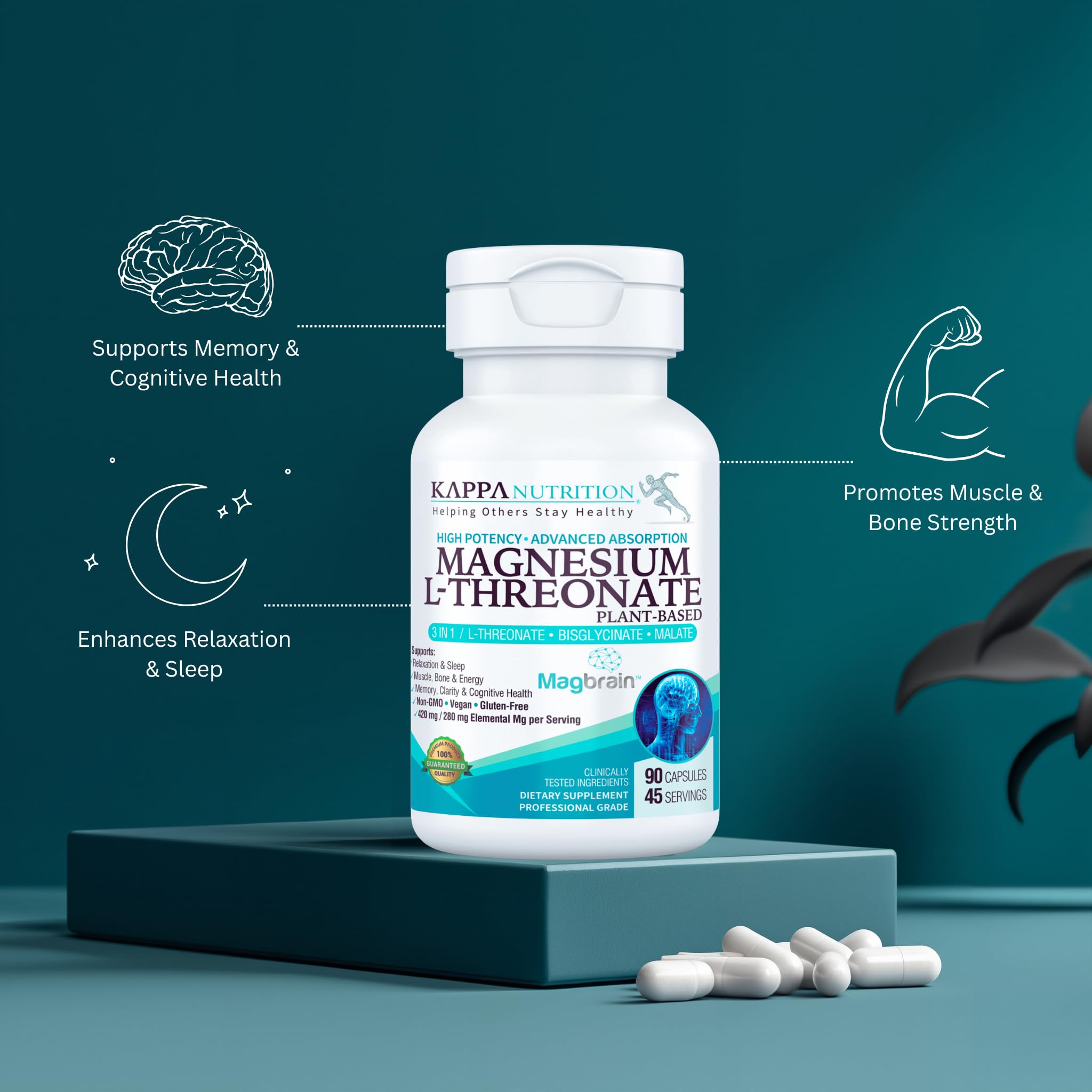 Kappa Nutrition Powered by Magbrain™ Magnesium L-Threonate Plant-Based, 90 Vegan Capsules, 420mg Elemental Magnesium (3 Capsules) from 2,253mg, Brain, Sleep & Muscle Support. KAPPA NUTRITIONAu supplements