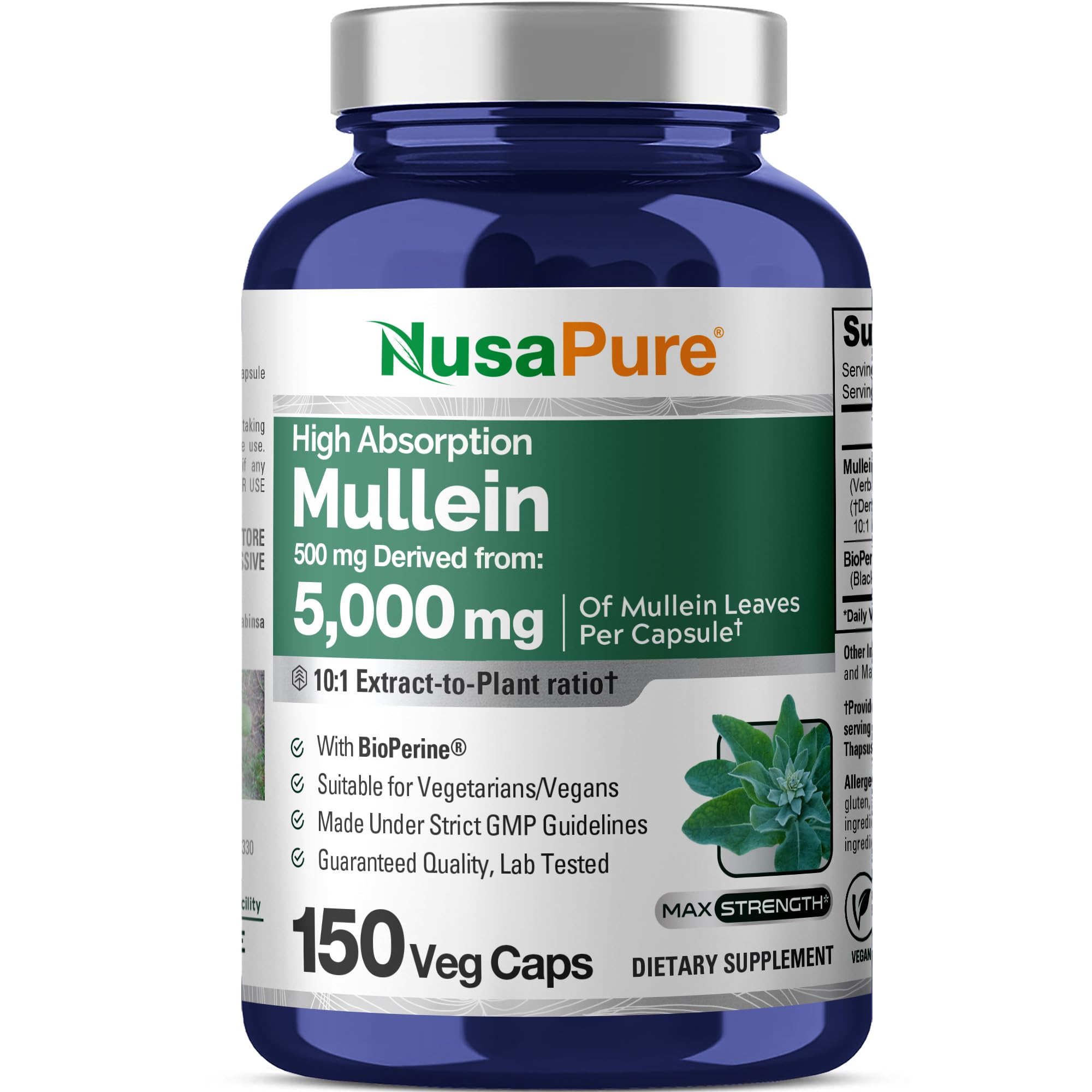 NusaPure Mullein Leaf Capsules 10:1 Extract, 500 mg Equivalent to 5,000 mg per Veggie Caps - 150 Count - Verbascum Thapsus (Non-GMO, Vegan) Dietary Supplement NusaPureAu supplements