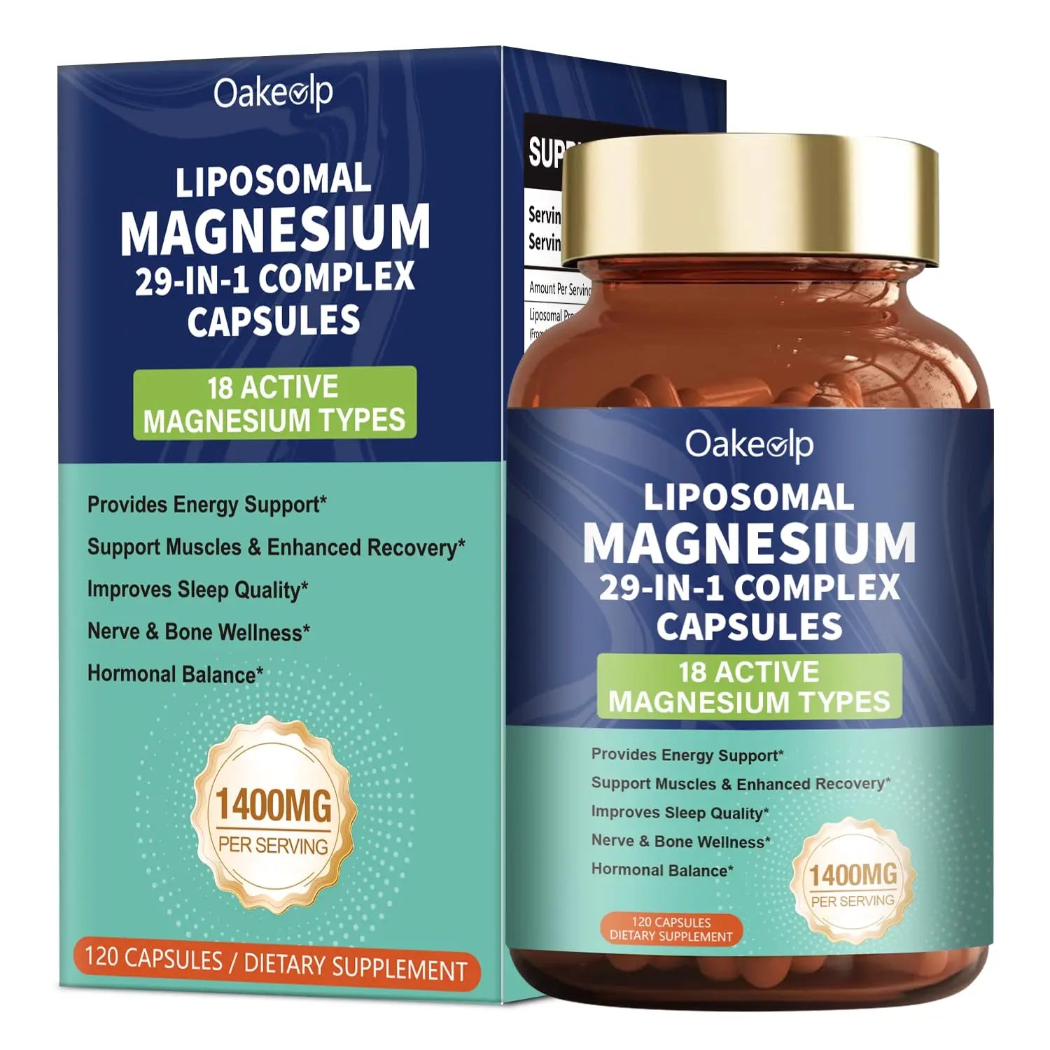 29-in-1 Liposomal 18 Active Types Magnesium Complex 1400MG Capsule,L-Threonate Glycinate Malate etc,Mild & Efficient,Extra Vitamin B6 B12 D3K2 & CoQ10, Relaxation Nerve* & Hert* Support OakevlpAu supplements