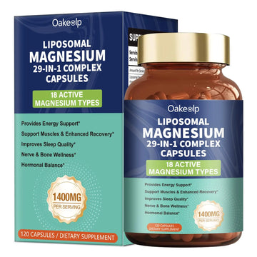 29-in-1 Liposomal 18 Active Types Magnesium Complex 1400MG Capsule,L-Threonate Glycinate Malate etc,Mild & Efficient,Extra Vitamin B6 B12 D3K2 & CoQ10, Relaxation Nerve* & Hert* Support OakevlpAu supplements