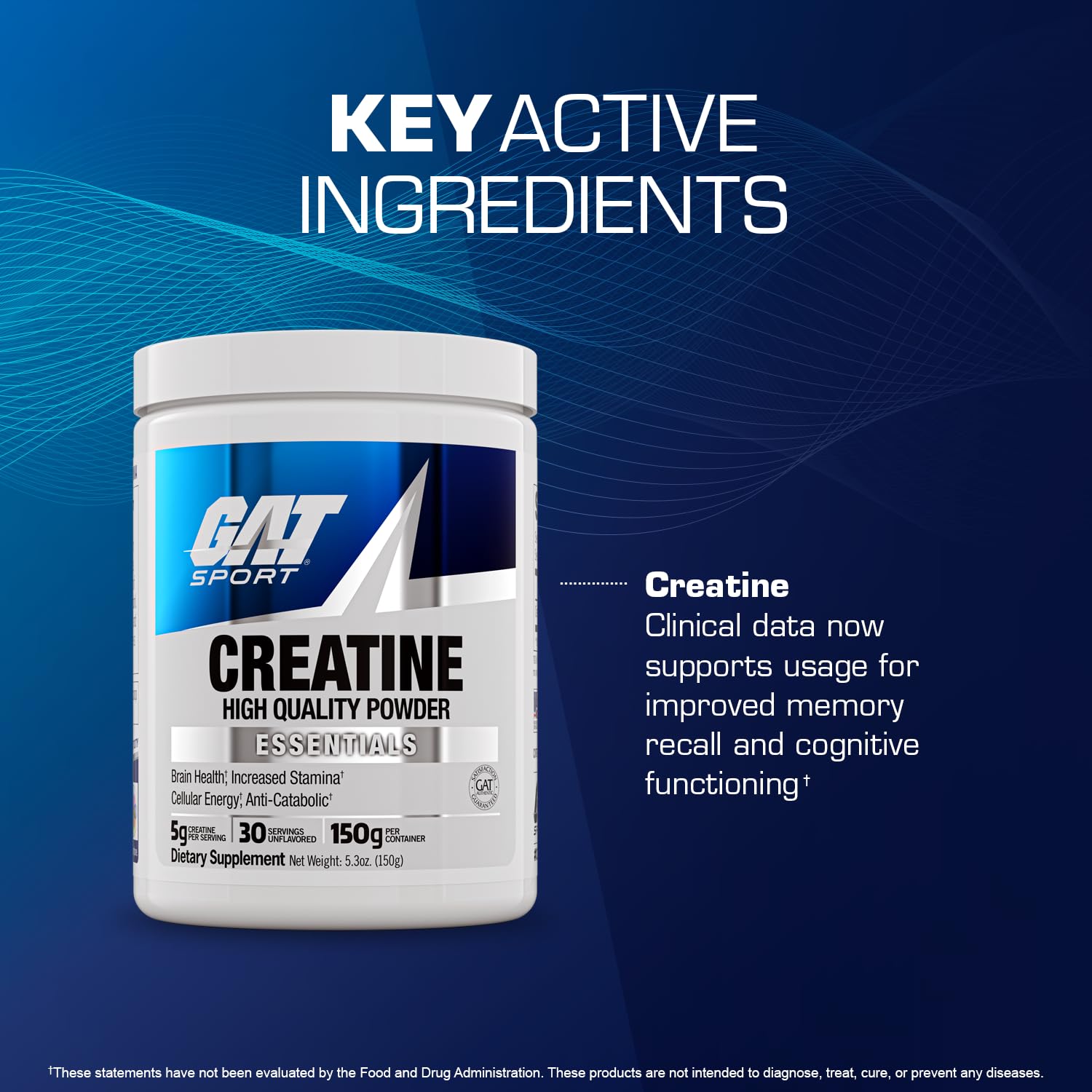 GAT SPORT Creatine Monohydrate Powder, 150 Grams, Strength, Brain Health, GLP1 Support Anti-oxidant, Endurance, for Men & Women, 1 Month Supply, Unflavored (30 Servings) GAT SPORTAu supplements