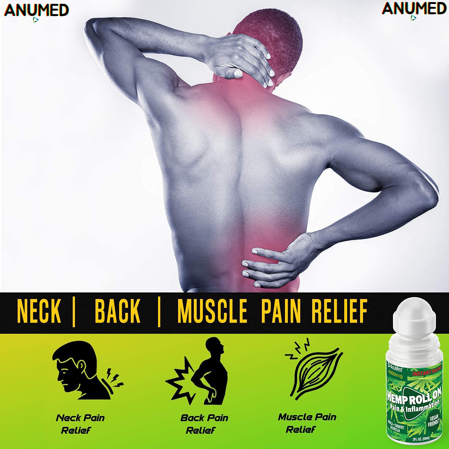 ANUMED Hemp Roll-On 4000mg Pain Relief. Fast Acting, Long Lasting, Maximum Strength with Arnica + Turmeric for Anti-Inflammatory, Natural Recovery, Joint, Muscle, Nerve Pain Reliever 2 Packs of (1oz) AnuMed InternationalAu supplements