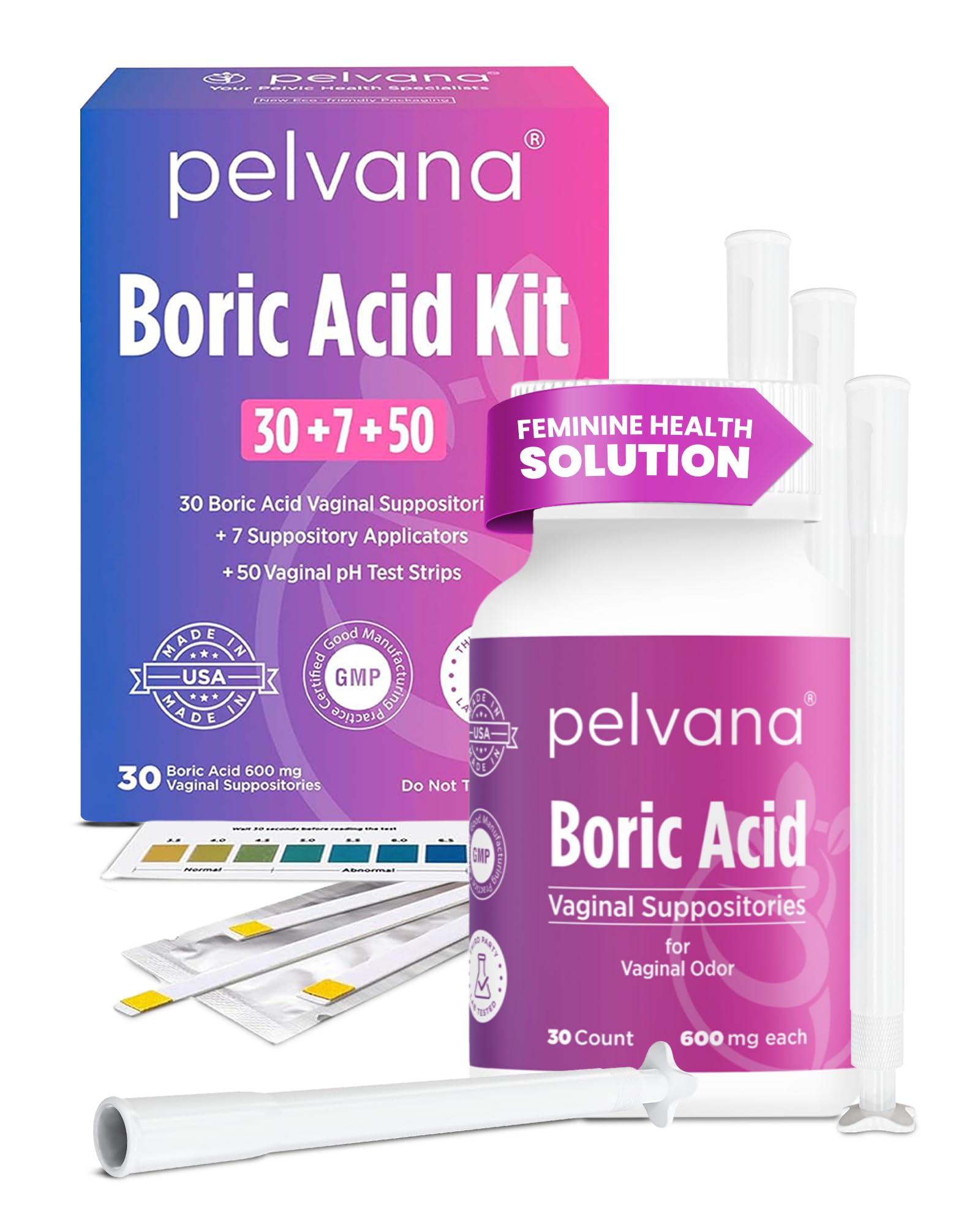 Pelvana Boric Acid Suppositories for Women 30 + 7 Applicators + 50 pH Test Strips, Total of 87 Piece Kit for Vaginal Odor - Third-Party Verified & Bottled in The USA - Feminine Health Odor Solution PelvanaUS supplements