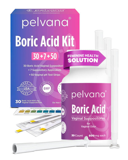 Pelvana Boric Acid Suppositories for Women 30 + 7 Applicators + 50 pH Test Strips, Total of 87 Piece Kit for Vaginal Odor - Third-Party Verified & Bottled in The USA - Feminine Health Odor Solution PelvanaUS supplements