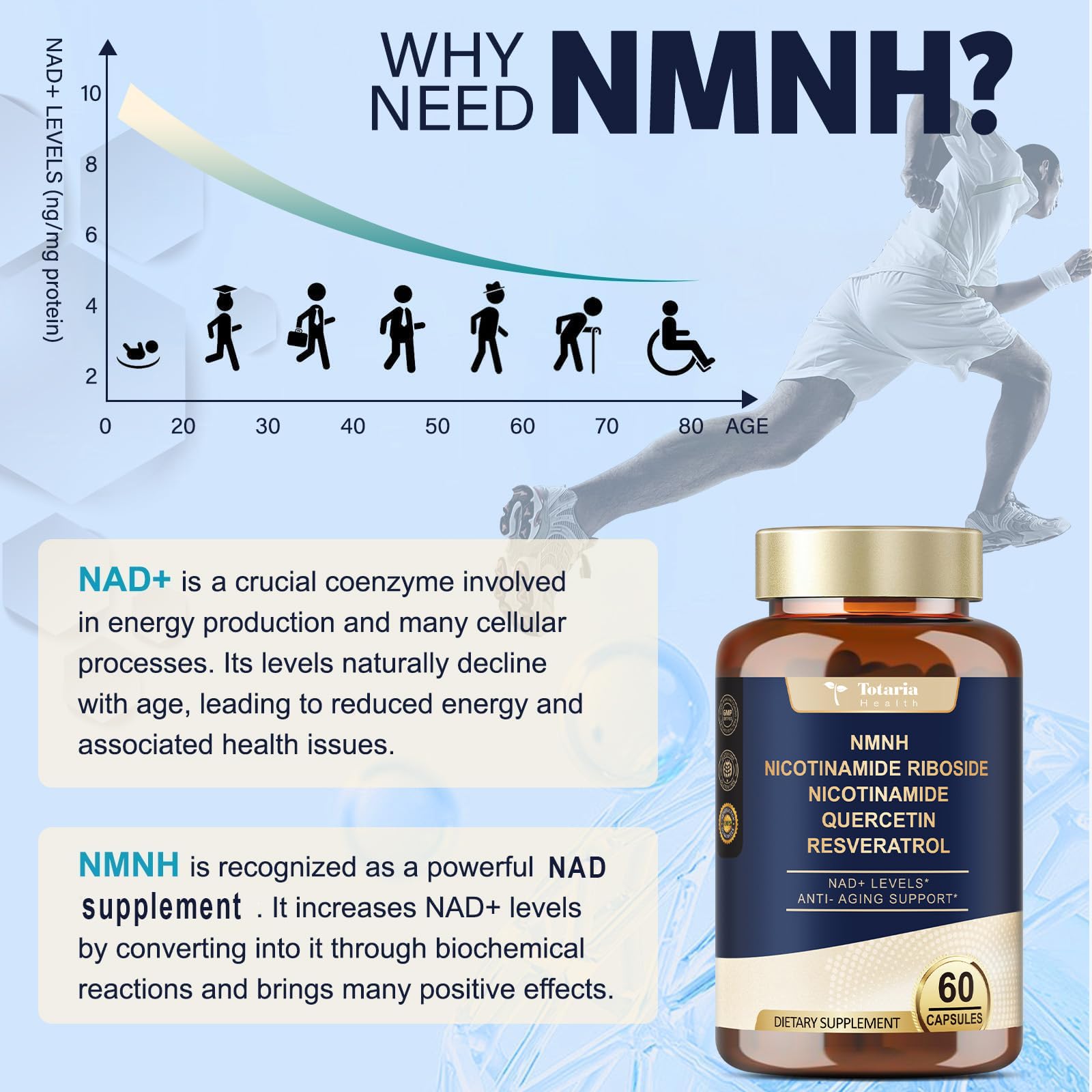Totaria NMNH (NMN Alternative Supplement) (Dihydronicotinamide Mononucleotide) Ultra Strength, NAD+ Support w/Resveratrol & Quercetin, Ultra Absorption for Anti-Aging, Vegan, 60 Counts TotariaAu supplements