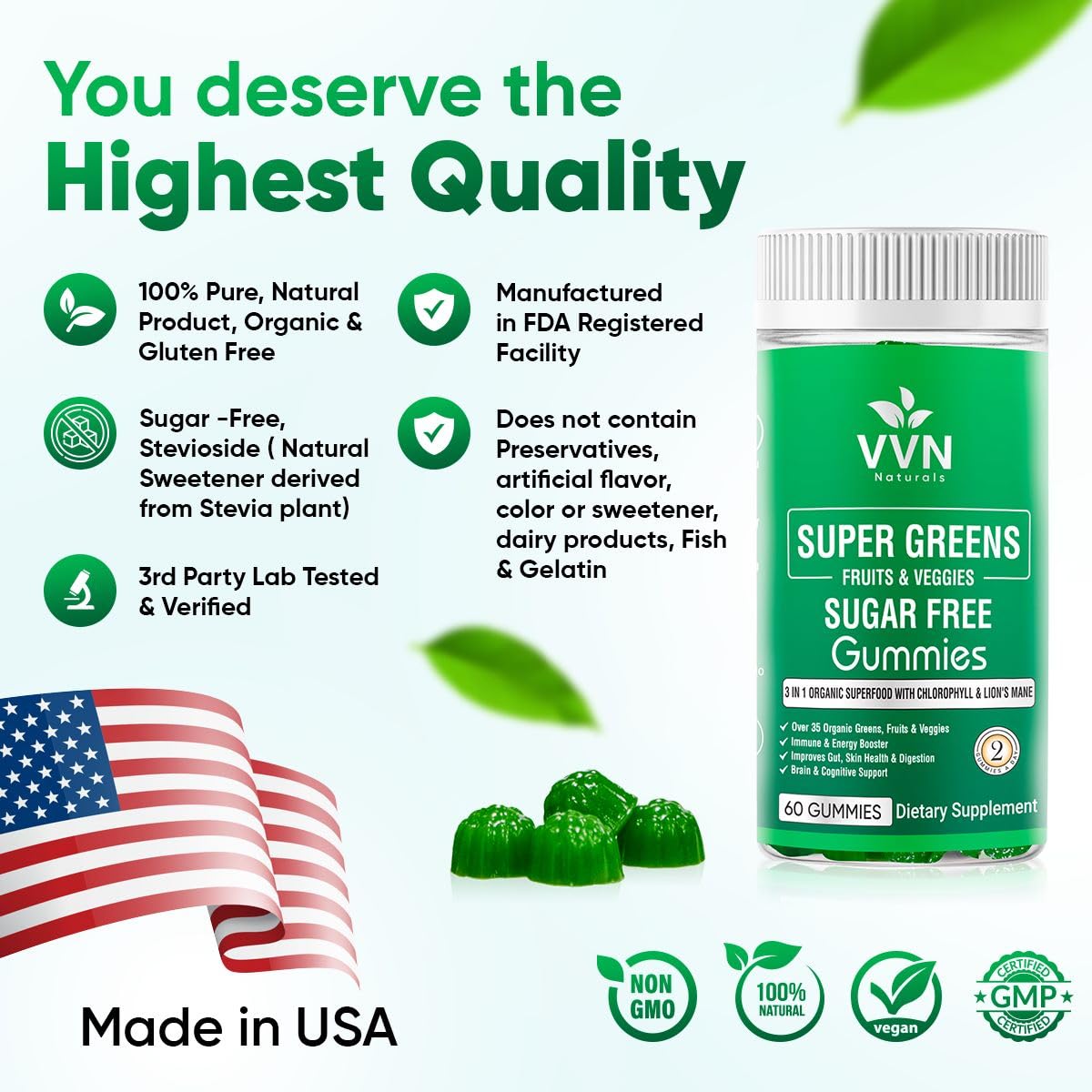 Sugar-Free Real Organic Fruits, Super Greens and Veggies Gummies | 35+ Nutritious & Healthy Greens, Fruits, and Vegetables for Improved Immunity, Skin Health & Energy Boost|60 Vegan Gummies VVN NaturalsAu supplements