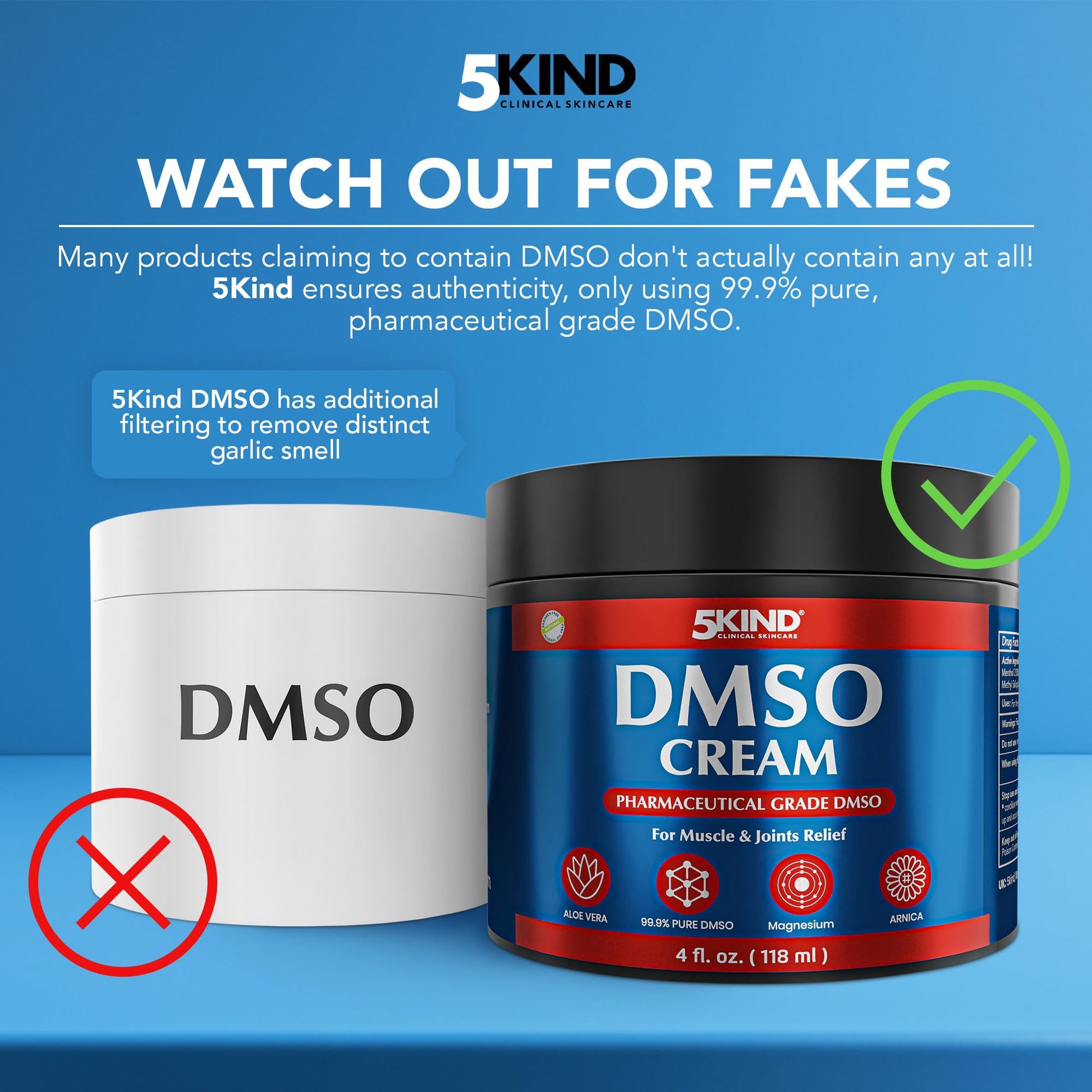 5Kind DMSO Cream for Pain Relief 4 fl oz - 99.9% Pure DMSO Pharmaceutical Grade Cream - Aloe Vera, Magnesium, Arnica & Menthol - Topical Muscle and Joint Pain Relief - Registered NDC - Made in USA 5kind clinical skincareAu supplements