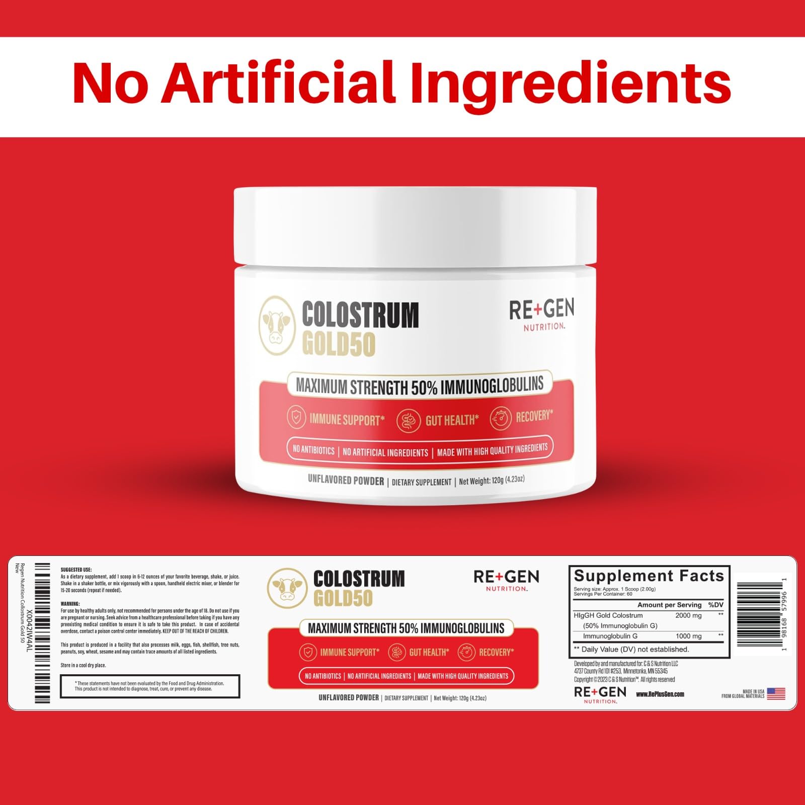 Re+Gen Nutrition Colostrum Gold 50 Bovine Colostrum Powder for Gut Health, Immune Support & Muscle Recovery – 50% IgG Concentration, Grass Fed, Gluten Free, No Artificial Ingredients Re+Gen NutritionAu supplements