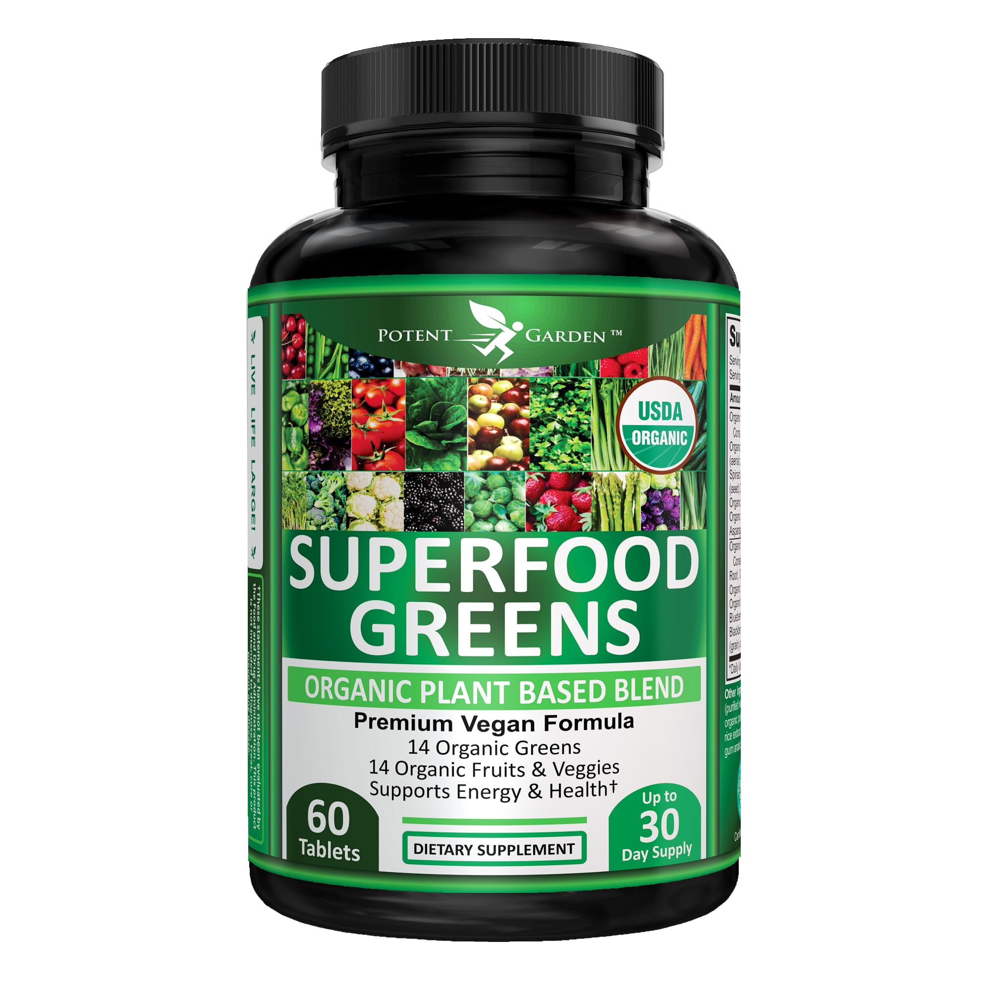 Potent Garden Organic Superfood Greens, Fruit and Veggies Supplement Rich in Vitamins & Antioxidants with Alfalfa, Beet Root & Tart Cherry to Boost Energy, Immunity & Gut Health, Greens Tablets 60 Ct Potent GardenAu supplements