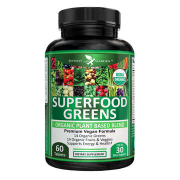 Potent Garden Organic Superfood Greens, Fruit and Veggies Supplement Rich in Vitamins & Antioxidants with Alfalfa, Beet Root & Tart Cherry to Boost Energy, Immunity & Gut Health, Greens Tablets 60 Ct Potent GardenAu supplements