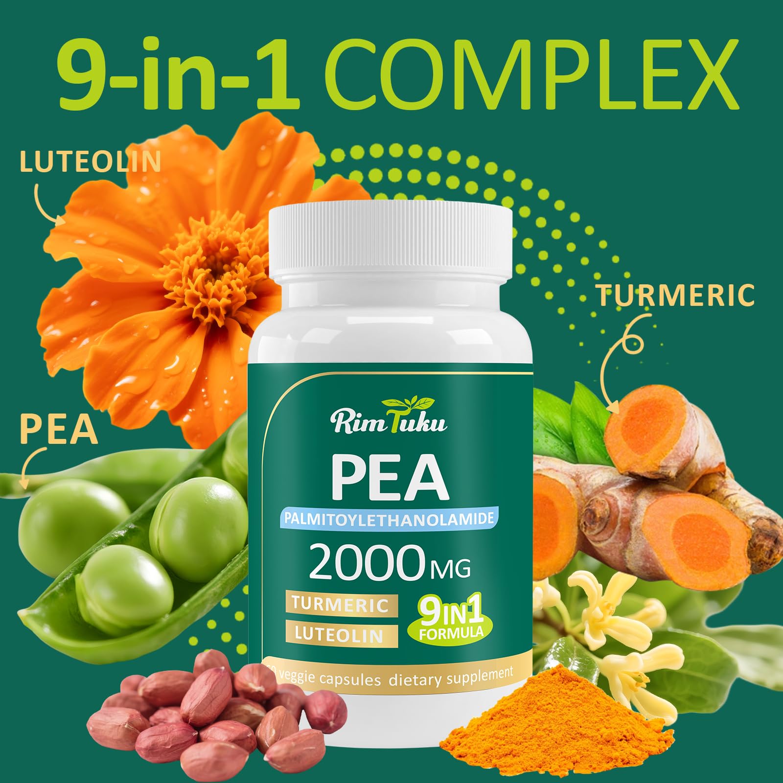 Liposomal Palmitoylethanolamide 2000MG + Luteolin 200MG + Turmeric 200MG & Fisetin 100MG, Micronized Pea 99% Highly Purified Enhanced Absorption Pea Supplement, 120 Capsules RimTukuAu supplements