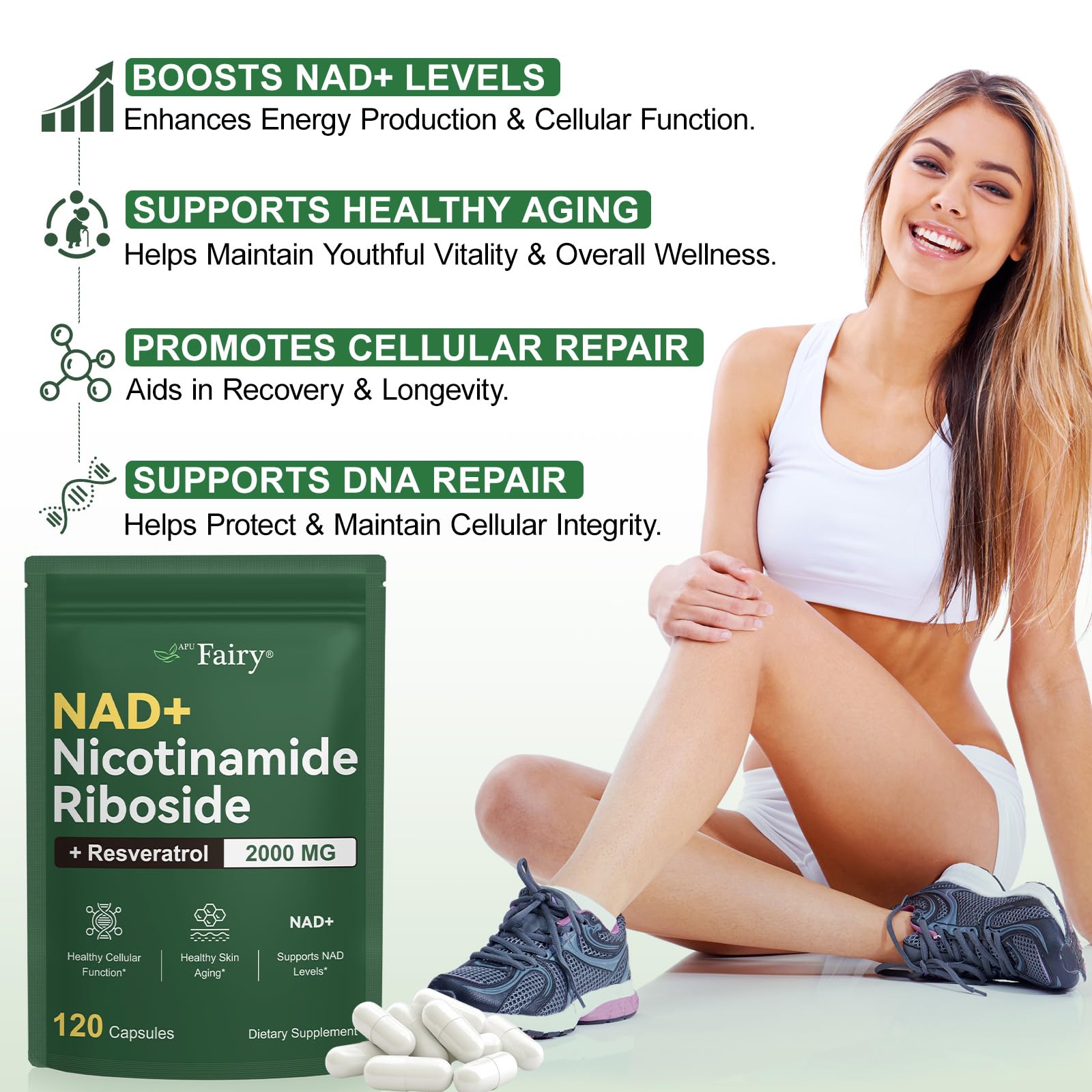 APU.FAIRY NAD Supplement,NAD Nicotinamide Riboside,Extra Strength NAD Alternative Liposomal,Boost NAD & Resveratrol + for Women & Men,Energy Anti-Aging,Cell Regeneration,120 Capsules sack-120 APU.FAIRYAu supplements