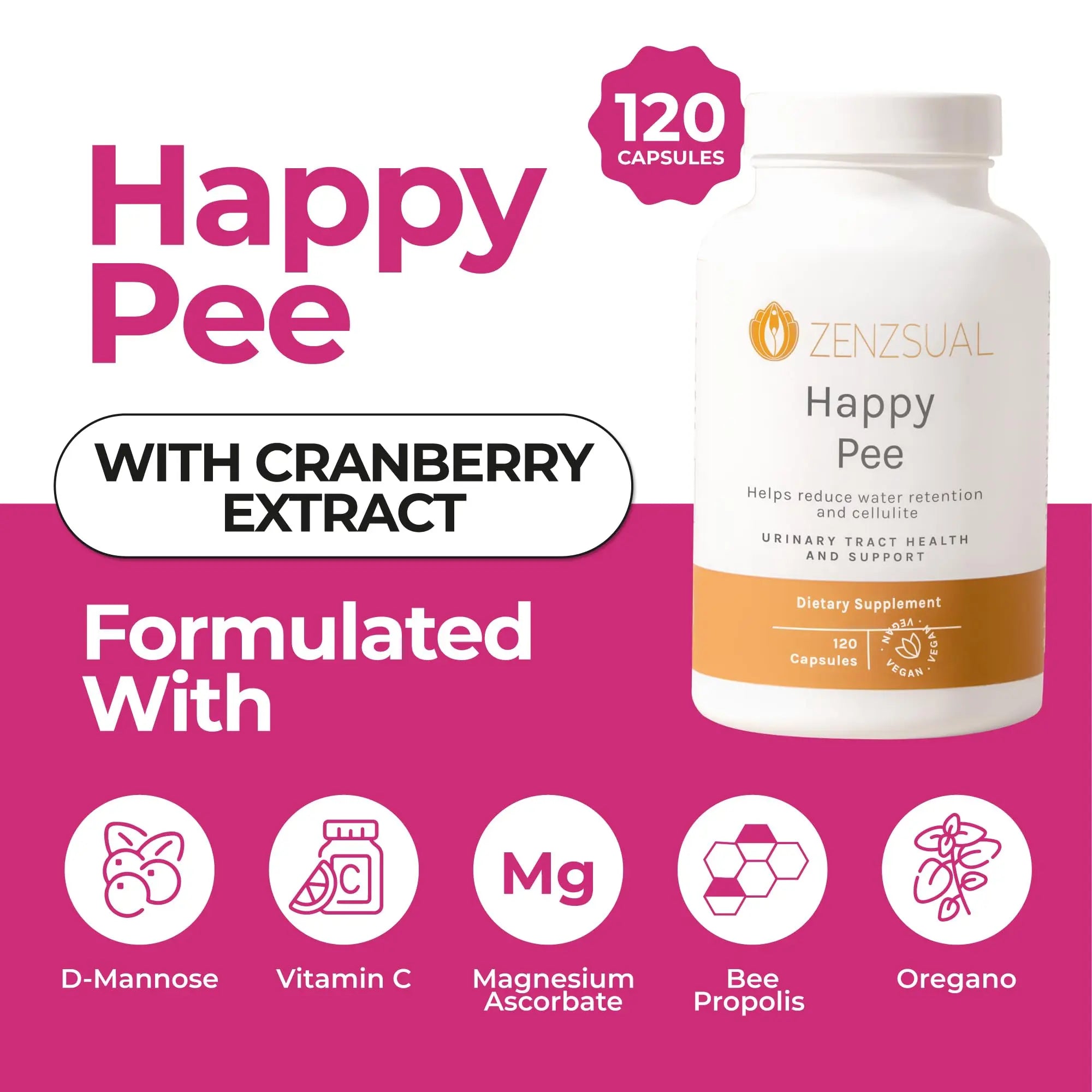 ZENZSUAL Happy Pee, 120 Capsules – Urinary Tract Support & Bladder Health Supplement with Cranberry, D-Mannose, Vitamin C and Oregano for Women and Men – Healthy Flow, Comfort & Fluid Balance ZENZSUALAu supplements