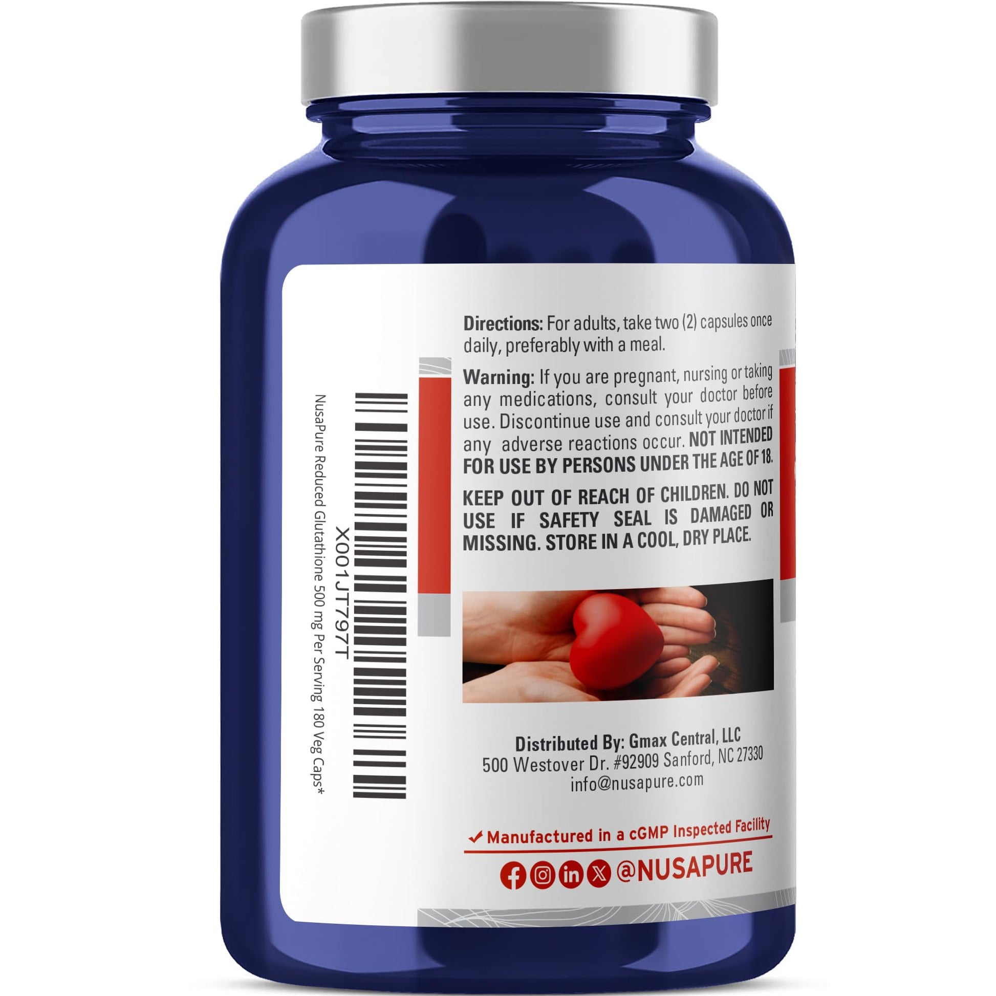 NusaPure Reduced Glutathione 500mg 180 Veggie Capsules (Vegan,Non-GMO) L-Glutathione NusaPureAu supplements