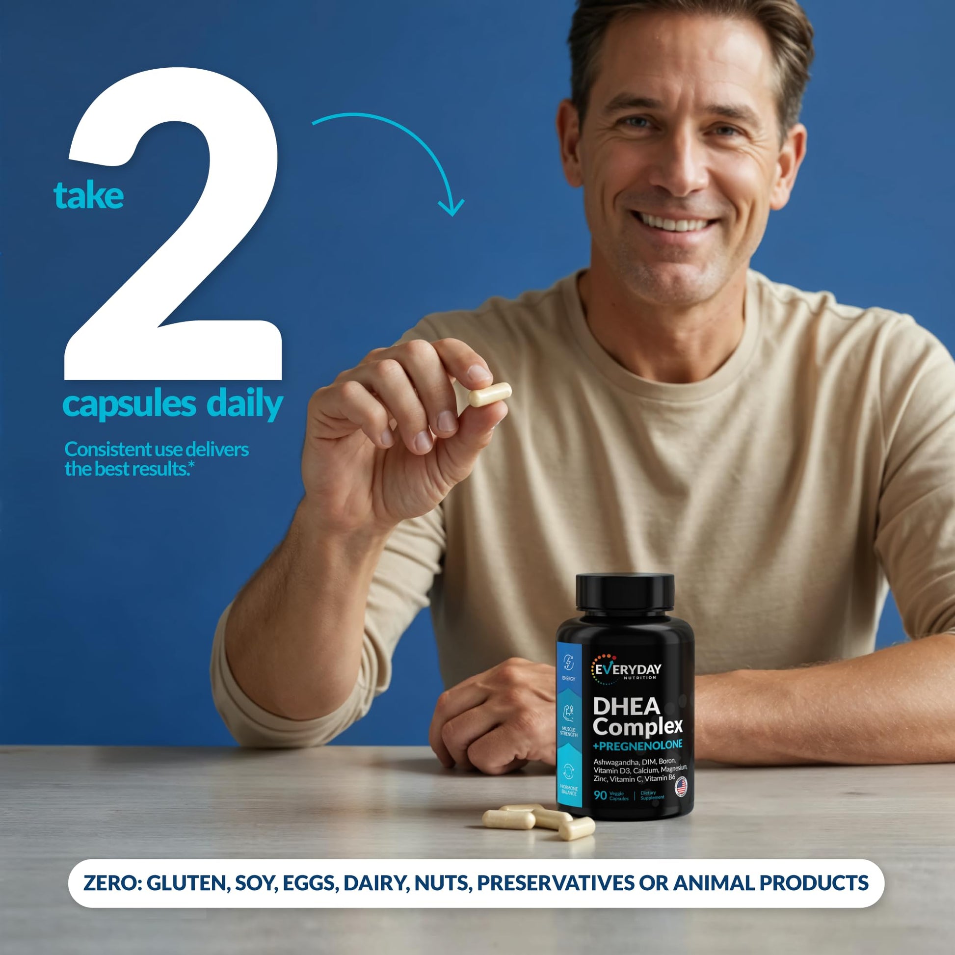 DHEA Micronized 200mg Complex with Pregnenolone 100mg Supplement for Men & Women with Ashwagandha, DIM, Magnesium, Boron, Calcium , Zinc, Vitamin D3, C and B6 Hormone Support - Made in USA 90 Capsules EVERYDAY NUTRITIONAu supplements