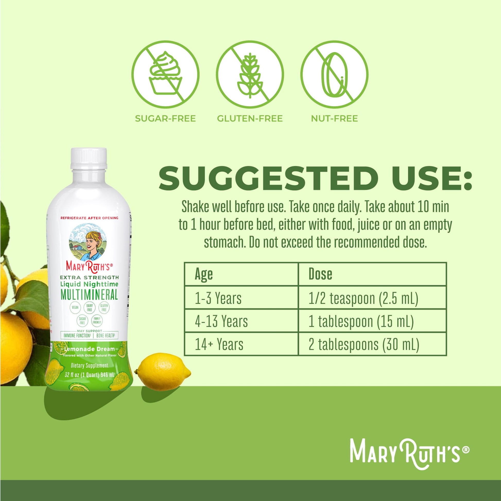 MaryRuth Organics Extra Strength Nighttime Liquid Multimineral | Sugar Free | Calm Magnesium Citrate | NO Melatonin | Calcium Magnesium Zinc | Muscle Relaxation | Lemonade Flavor | Vegan | 32 Serving MARYRUTH'SUS supplements