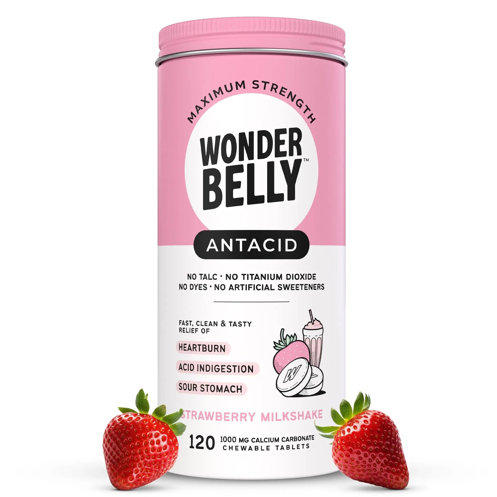 Wonderbelly Antacid, Effective Heartburn and Instant Acid Indigestion Relief, Extra Strength Chewable Tablets, 1000 mg Calcium Carbonate, No Talc or Dye, Strawberry Milkshake, 120 Count WonderbellyAu supplements