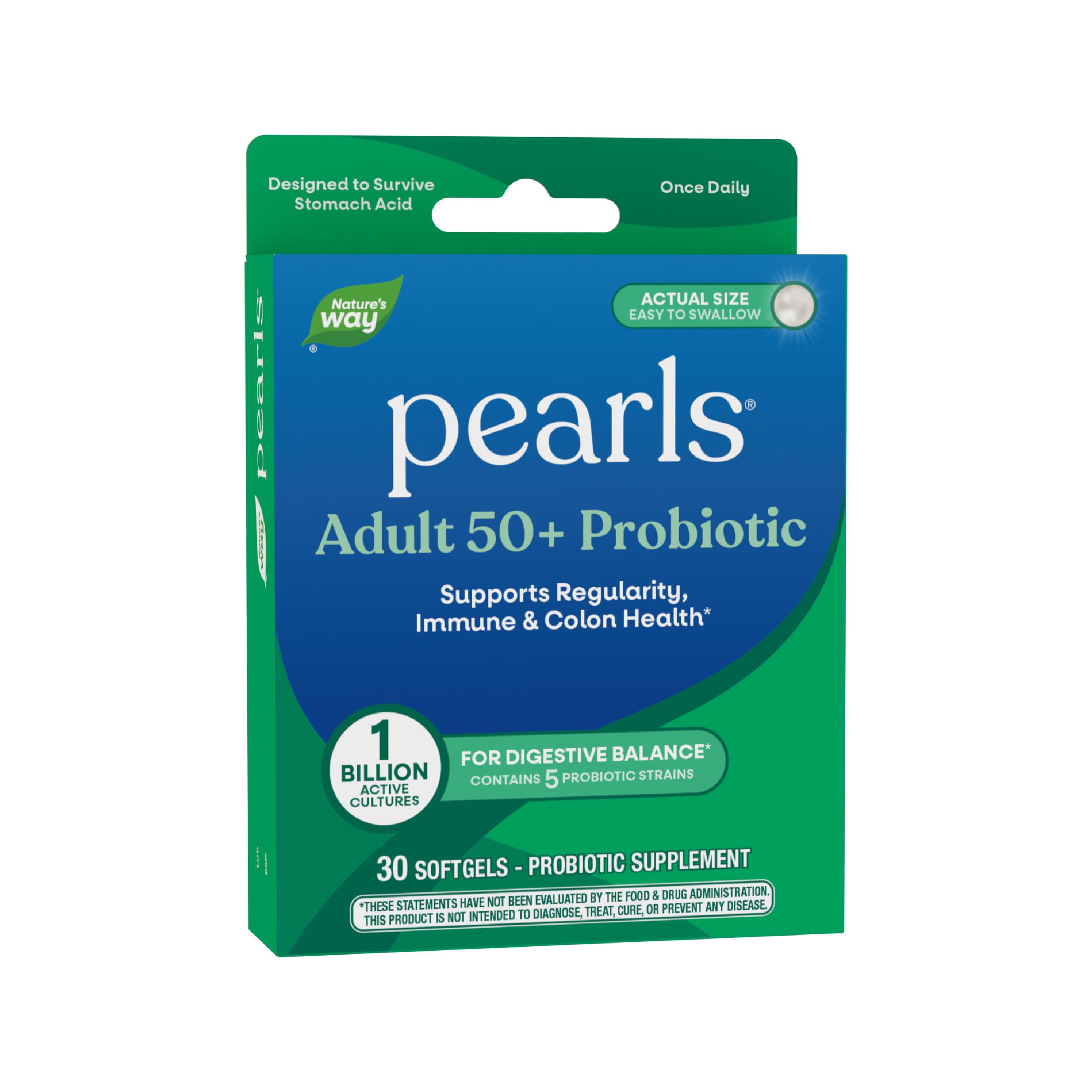 Nature's Way Pearls Adult 50+ Probiotic, Probiotics for Digestive Health* Supports Regularity, Immune & Colon Health*, 1 Billion Cultures, No Refrigeration Needed, 30 Softgels Nature's WayAu supplements