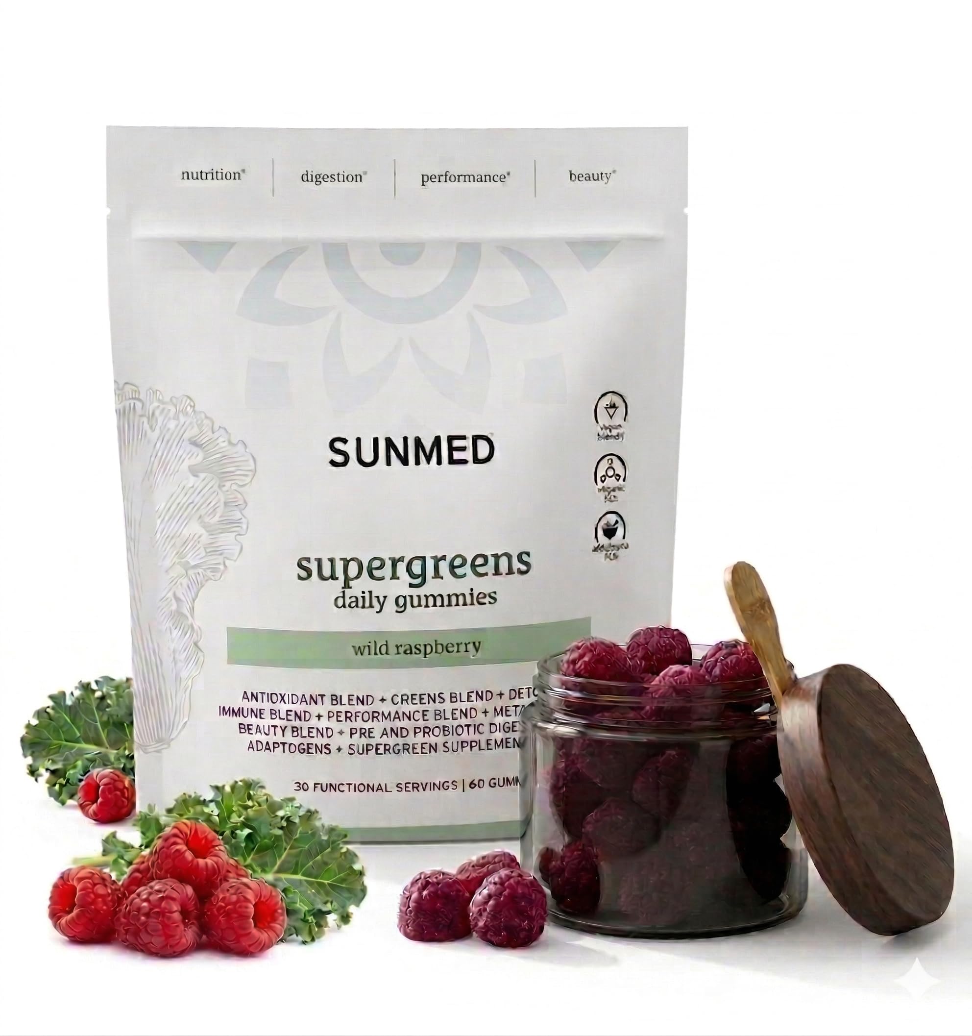 SUNMED Supergreens Daily Gummies – Wellness Blend with Ashwagandha, Green Tea, Spirulina, Probiotics, Antioxidants & Detox Support for Immunity, Gut, Skin & Brain Health | Wild Raspberry, 60ct SUNMEDAu supplements