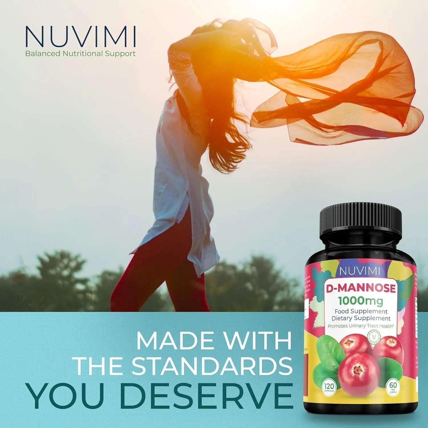 NUVIMI D Mannose 120 Capsules - 1000 mg per Dose - Dietary Supplement Helps Promote Urinary Tract Health - Natural Vegan UTI Defense NUVIMIAu supplements