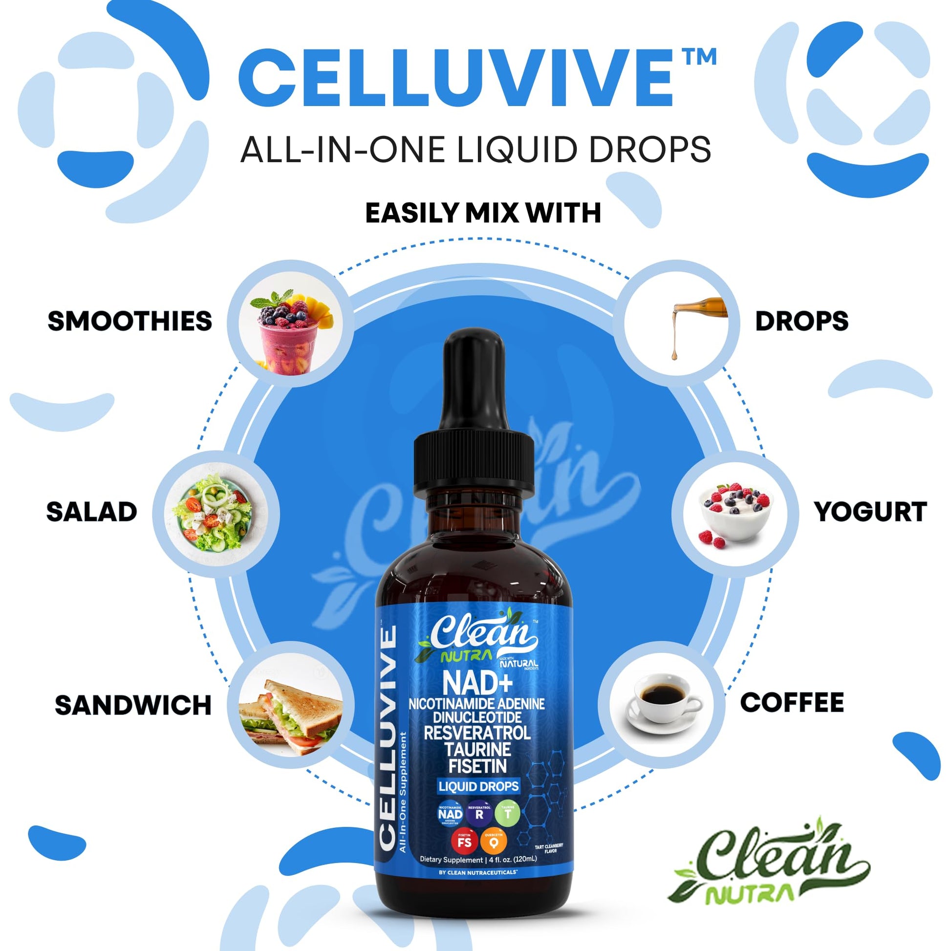 Clean Nutra NAD Liquid Supplement Drops Resveratrol Polyphenols Liposomal Taurine Fisetin Grape Seed Extract Japanese Knotweed Fo Ti Anti Aging NAD+ Nicotinamide Adenine Dinucleotide for Women & Men Clean NutraceuticalsAu supplements