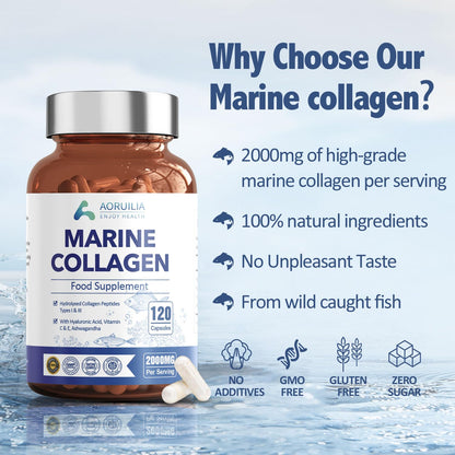 Marine Collagen Supplements for Women Men 2000mg 120 Capsules Hyaluronic Acid, Vitamin C, Vitamin E, & Ashwagandha AoruiliaUS supplements