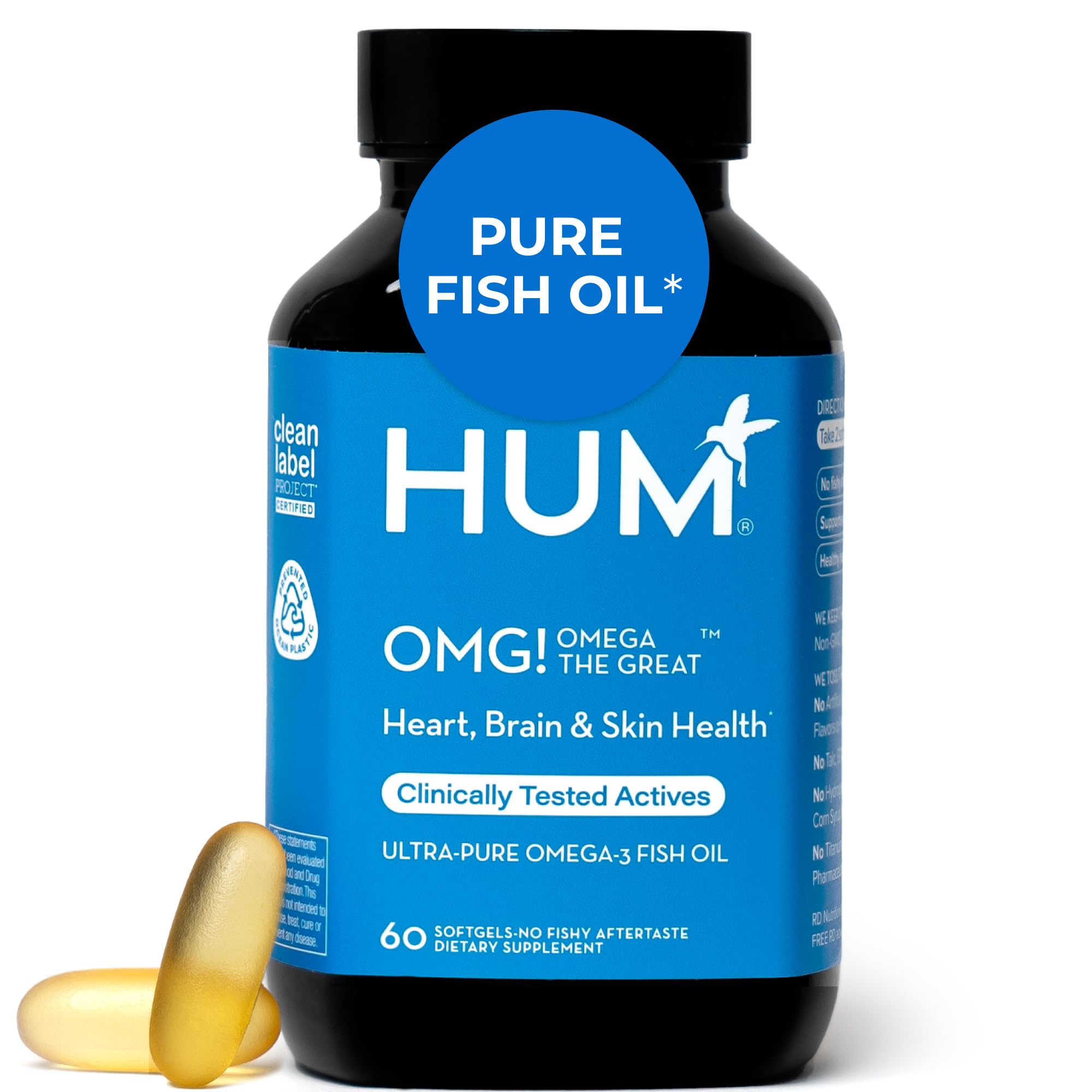 HUM OMG! Omega The Great Triple Omega 3 Fish Oil Supplement for Women & Men with Vitamin E, DHA & EPA, Skin Care & Skin Tone Support for Heart & Brain Health, Gluten Free, Non GMO, 60 Softgels HUMUS supplements
