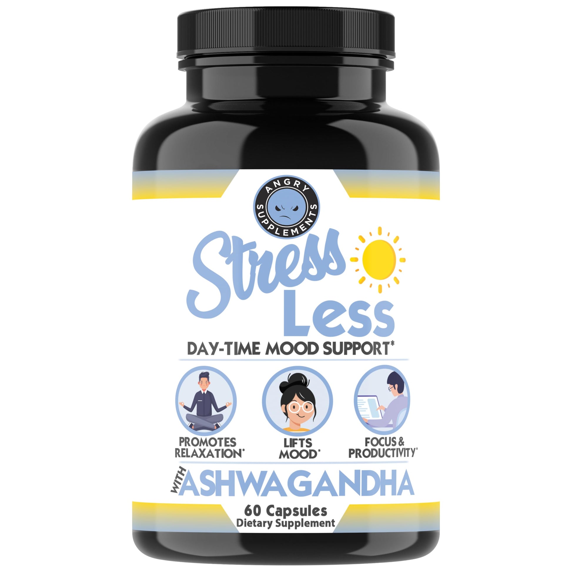 Angry Supplements Stress Less Day-Time Mood Support Pills – Natural Stress Relief with Ashwagandha, Rhodiola, L-Theanine, Magnesium & B Vitamins– Calm Focus & Mental Clarity – 60 Capsules (1-Bottle) Angry SupplementsAu supplements