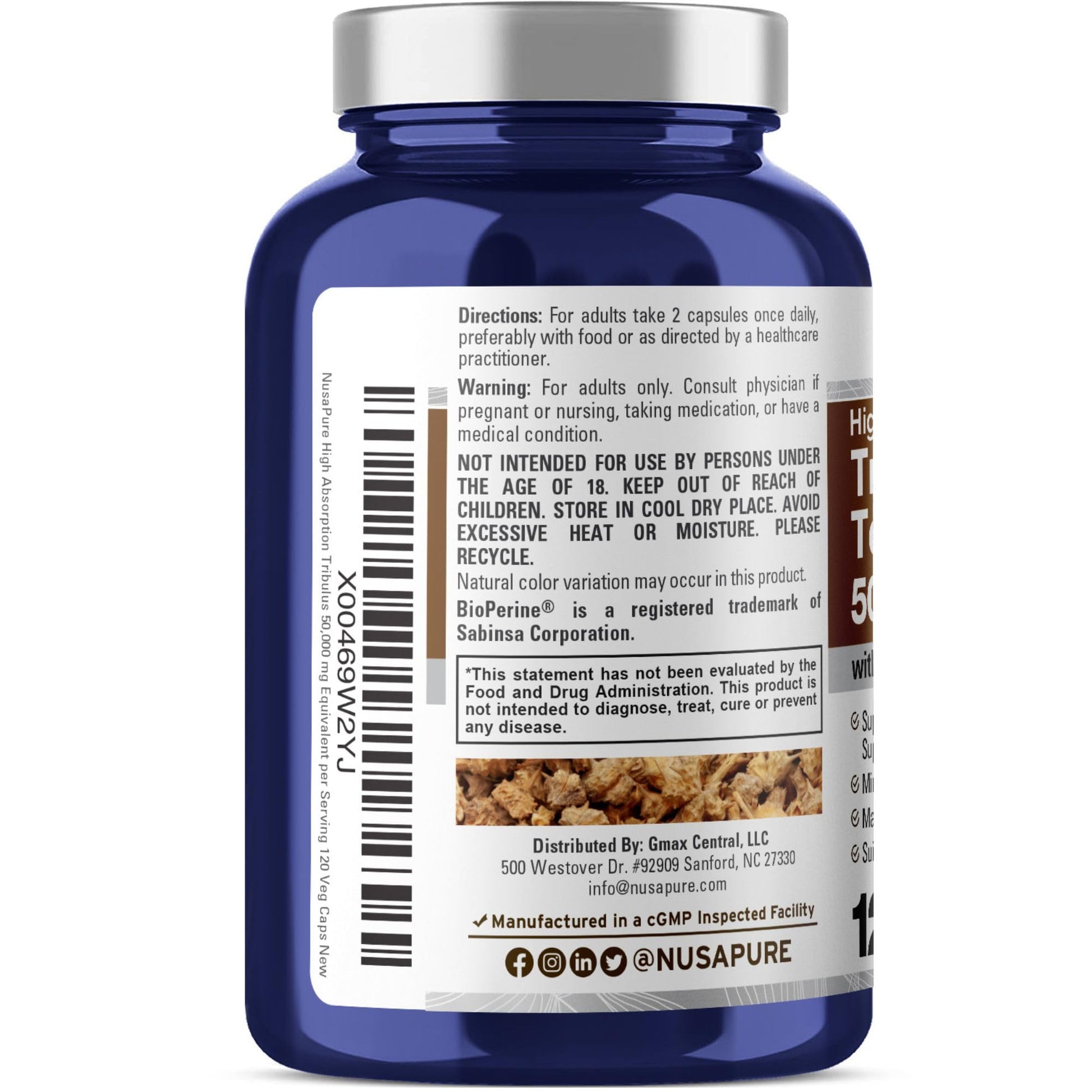 NusaPure Tribulus Terrestris 50:1 Extract, 1000 mg Equivalent to 50,000mg| 120 Veggie Caps | 95% Steroidal Saponins | Non-GMO, Bioperine & Vegan NusaPureAu supplements
