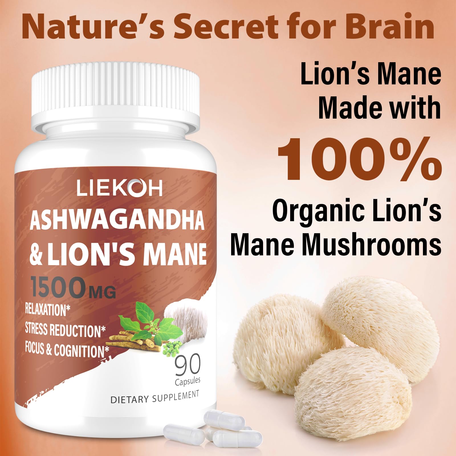 Liekoh Ashwagandha & Lions Mane Supplement Capsules, Brain Supplements for Memory and Focus, Ashwagandha Supplement with Rhodiola & Black Peppe, Cortisol Supplements for Women & Men,90 Caps LiekohAu supplements